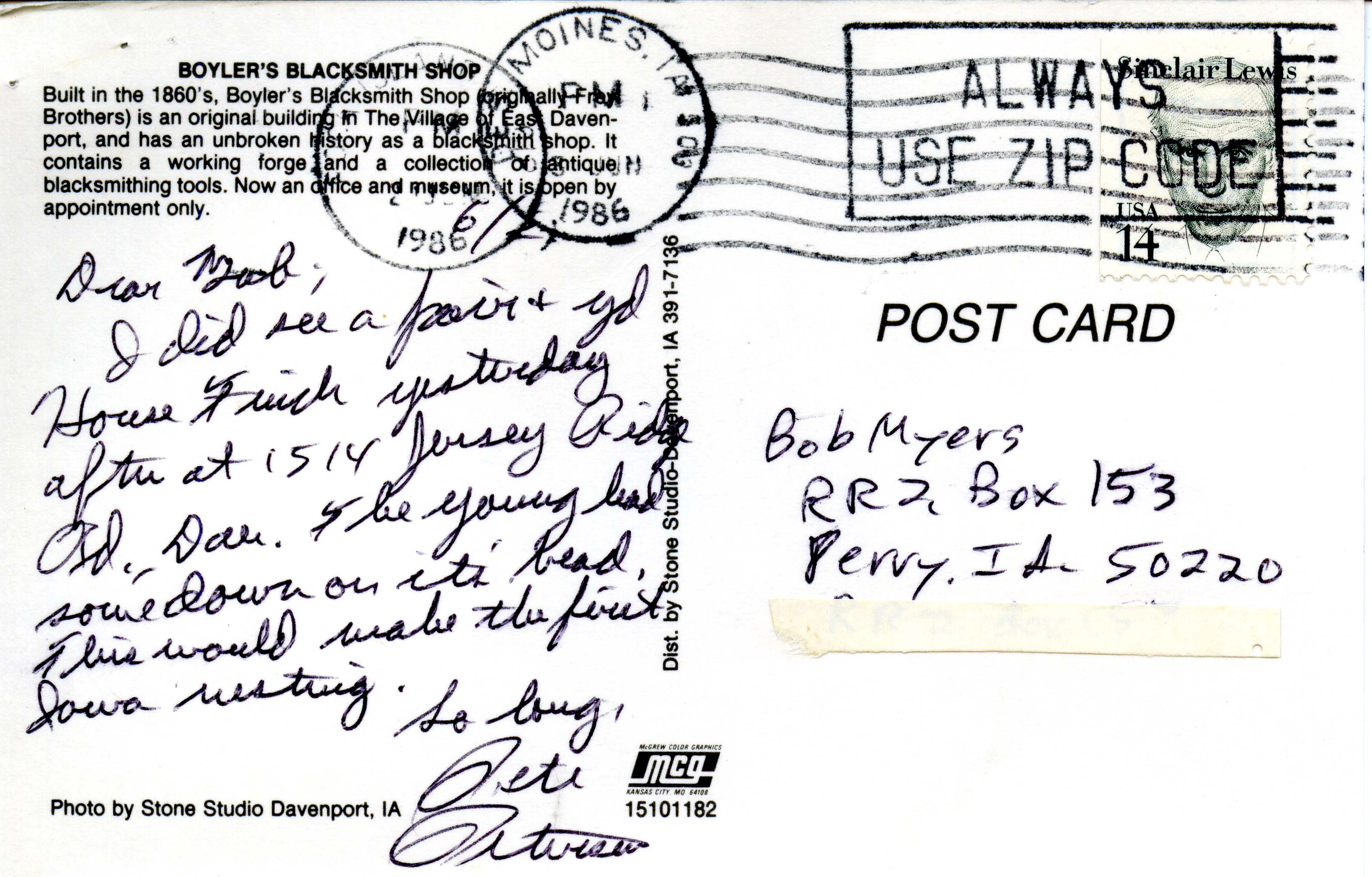 Pete Petersen letter to Robert Myers regarding House Finch nesting, June 2, 1986
