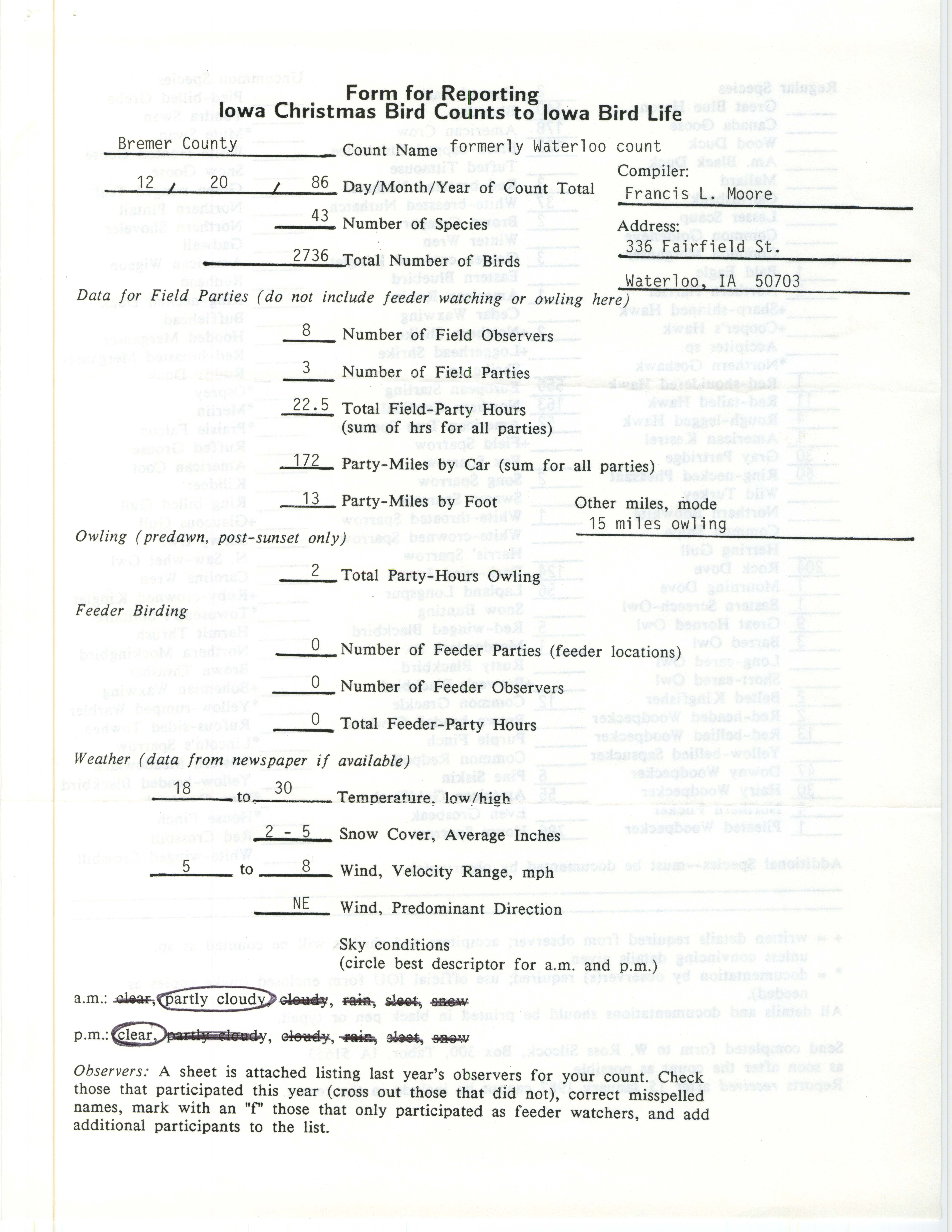 Form for reporting Iowa Christmas bird counts to Iowa Bird Life, Francis L. Moore, December 20, 1986