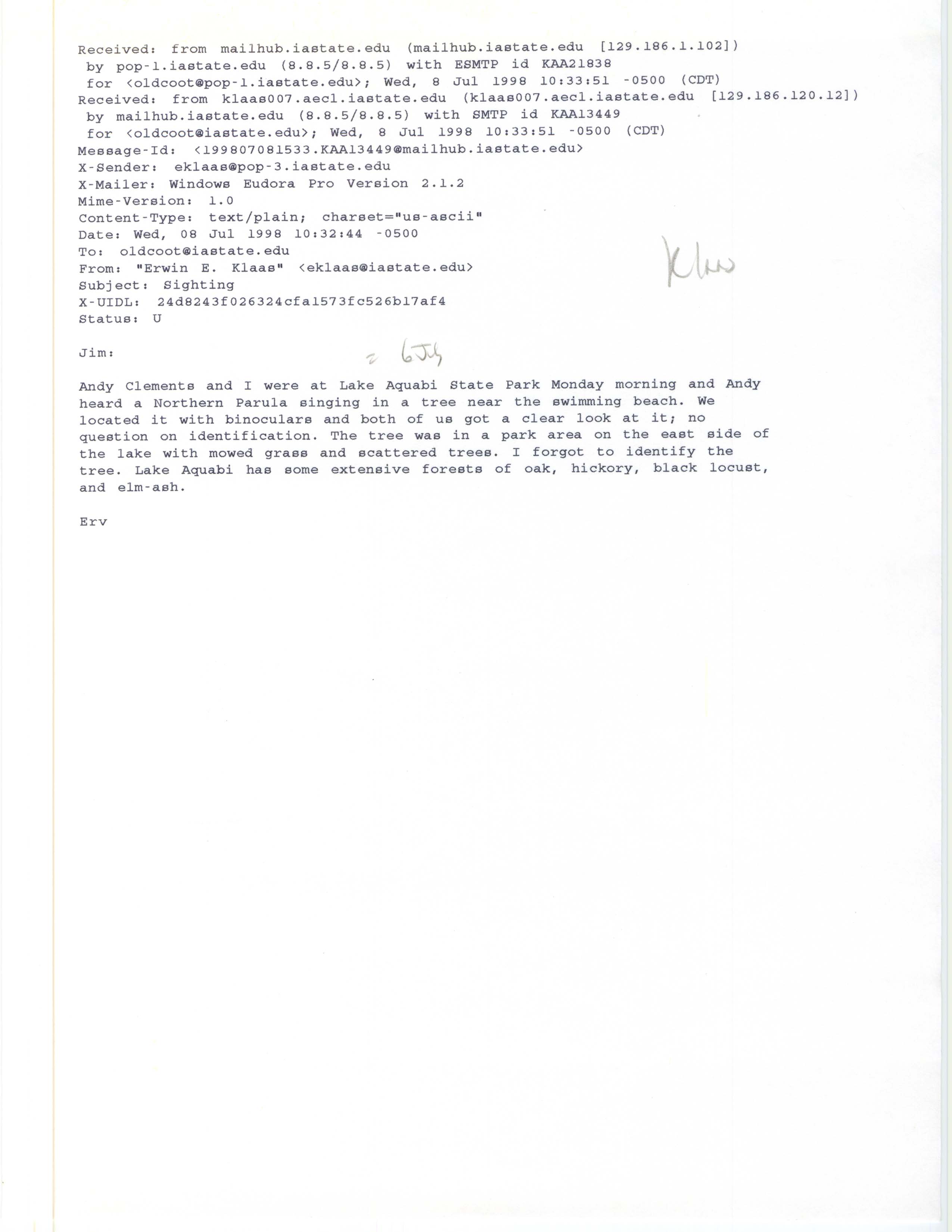 Erwin Klaas email to Jim Dinsmore regarding Northern Parula sighting, July 8, 1998