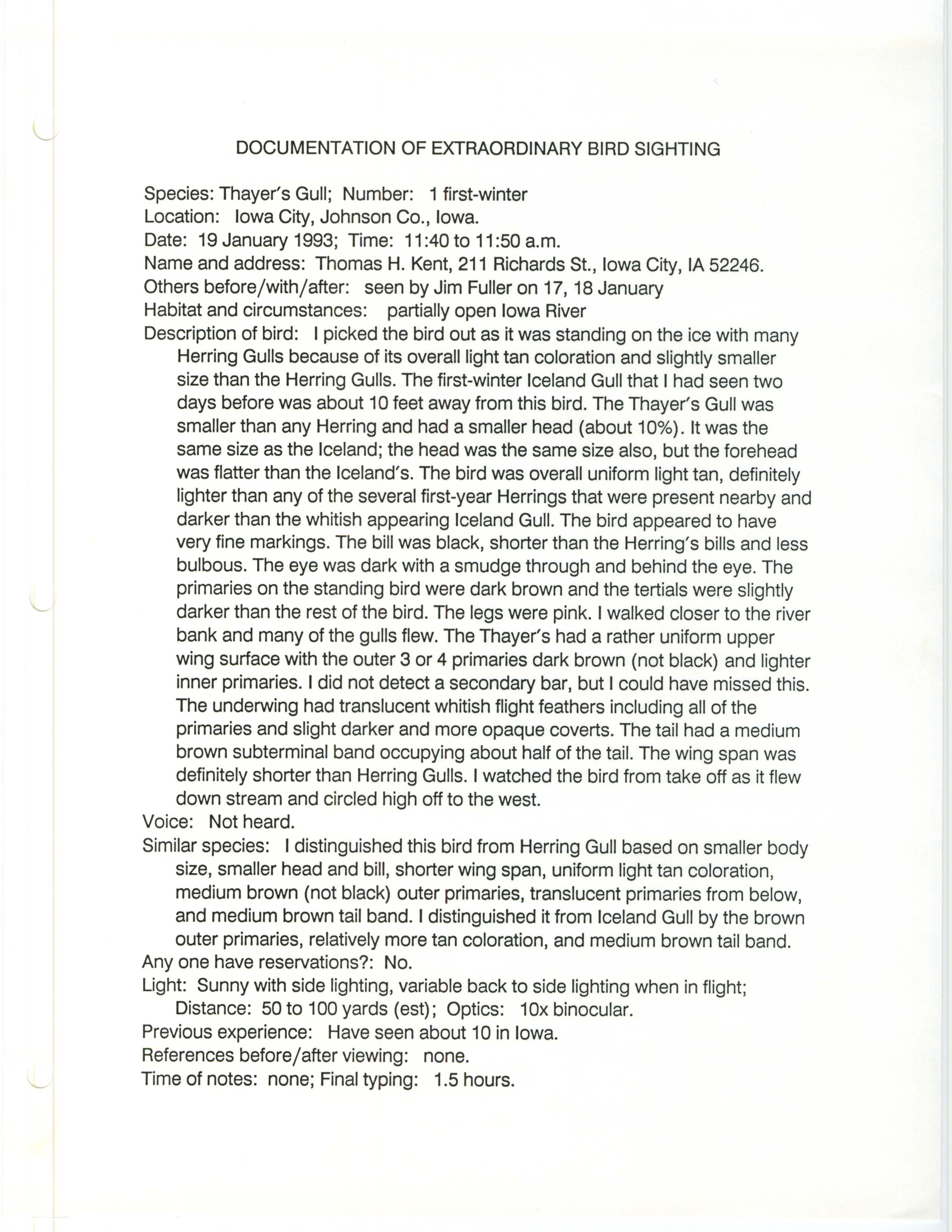 Rare bird documentation form for Thayer's Gull at Iowa City, 1993