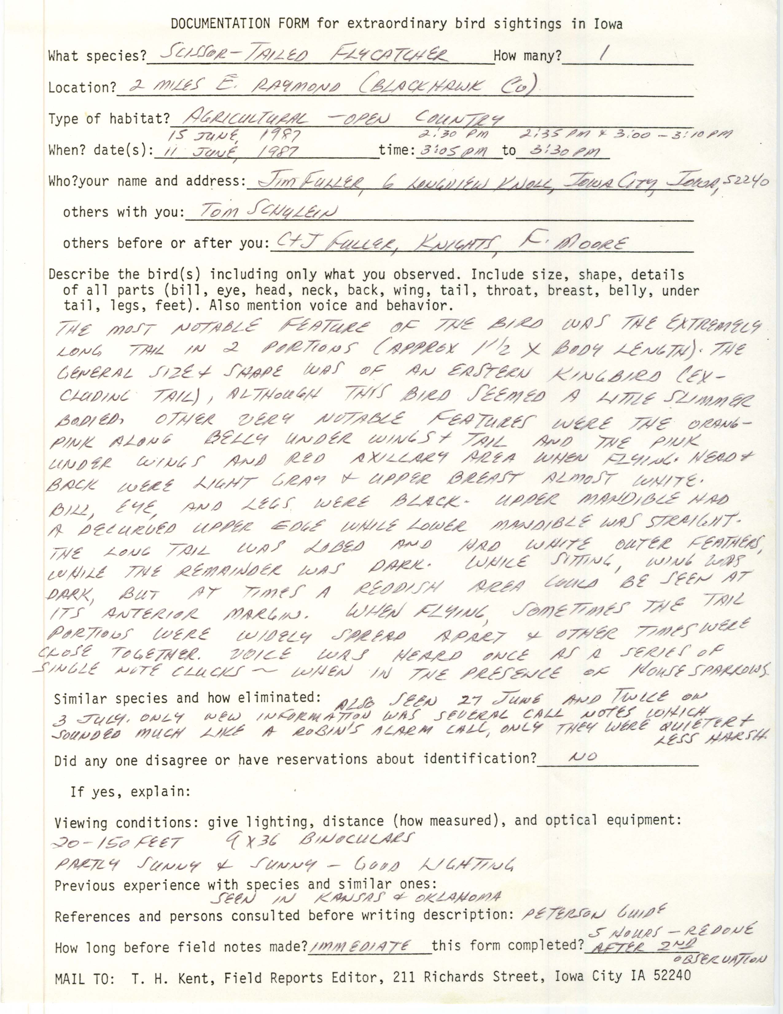 Rare bird documentation form for Scissor-tailed Flycatcher east of Raymond in 1987