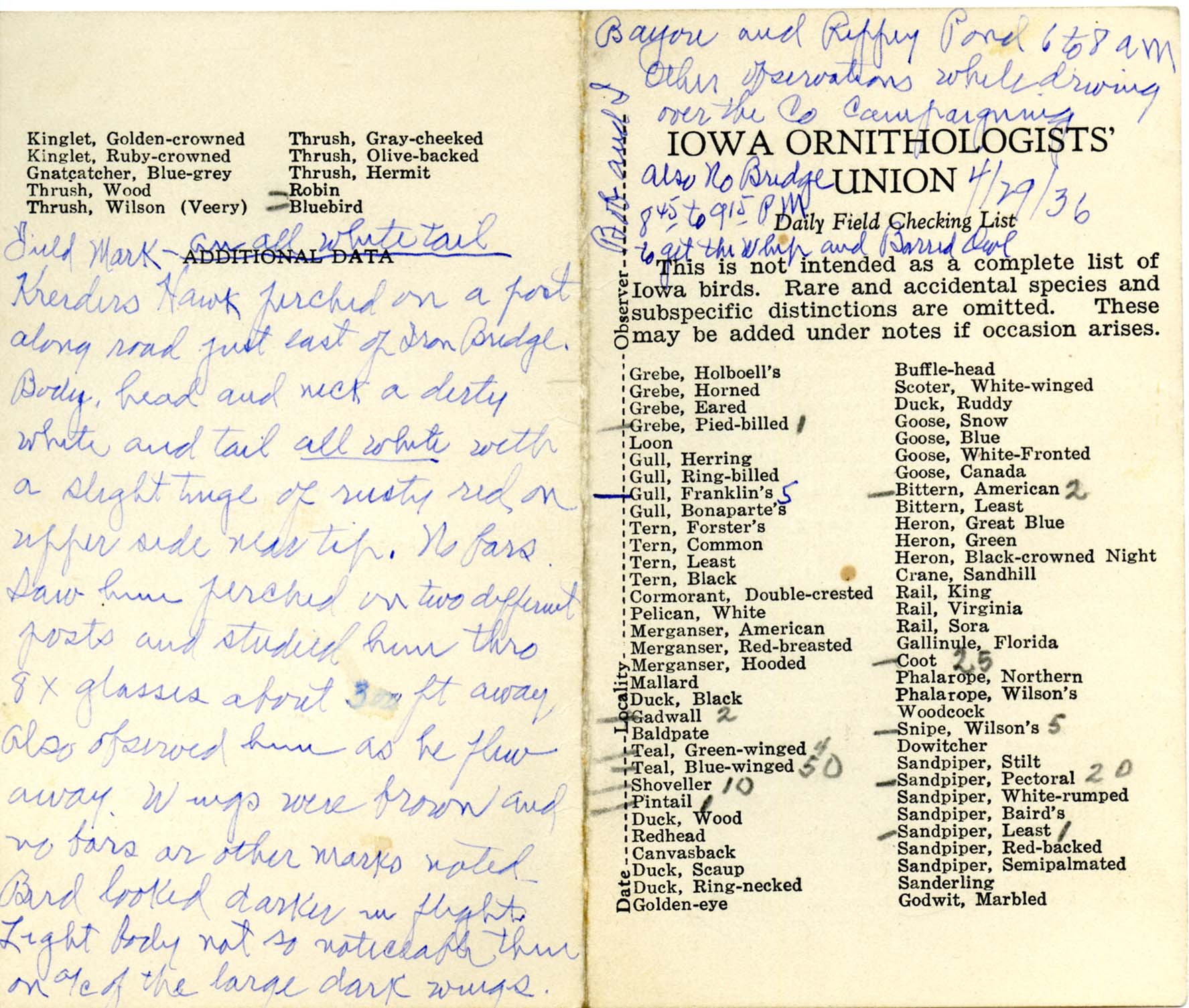 Daily field checking list by Walter Rosene, April 29, 1936