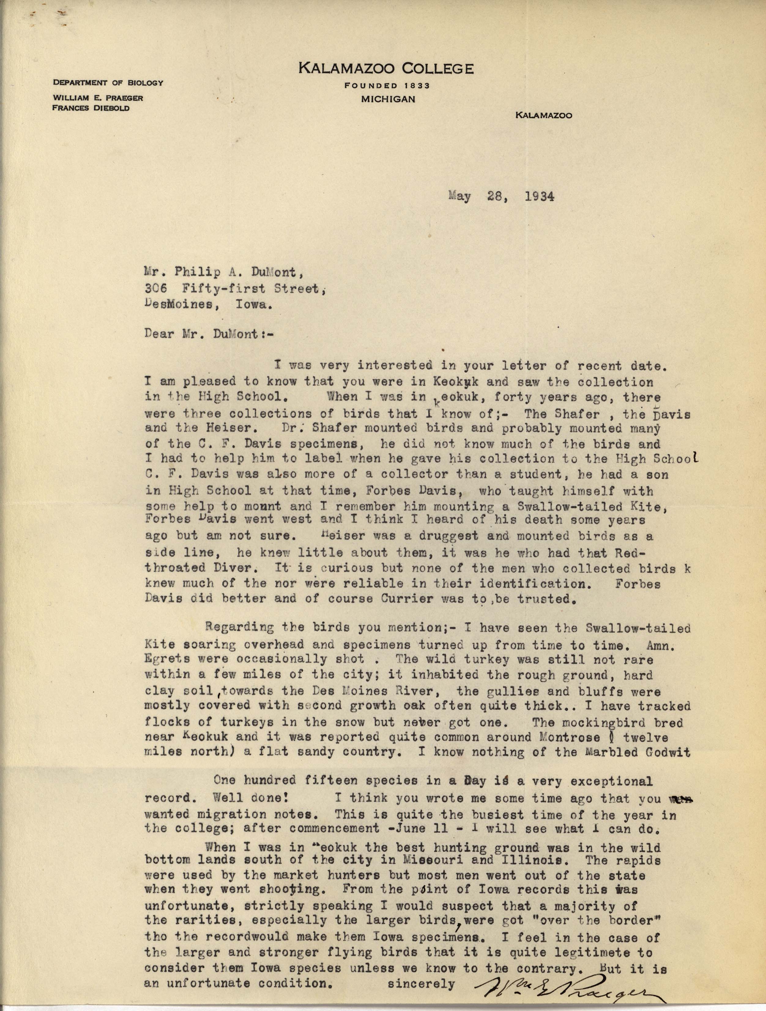 William Praeger letter to Philip DuMont regarding bird collections in Keokuk, May 28, 1934