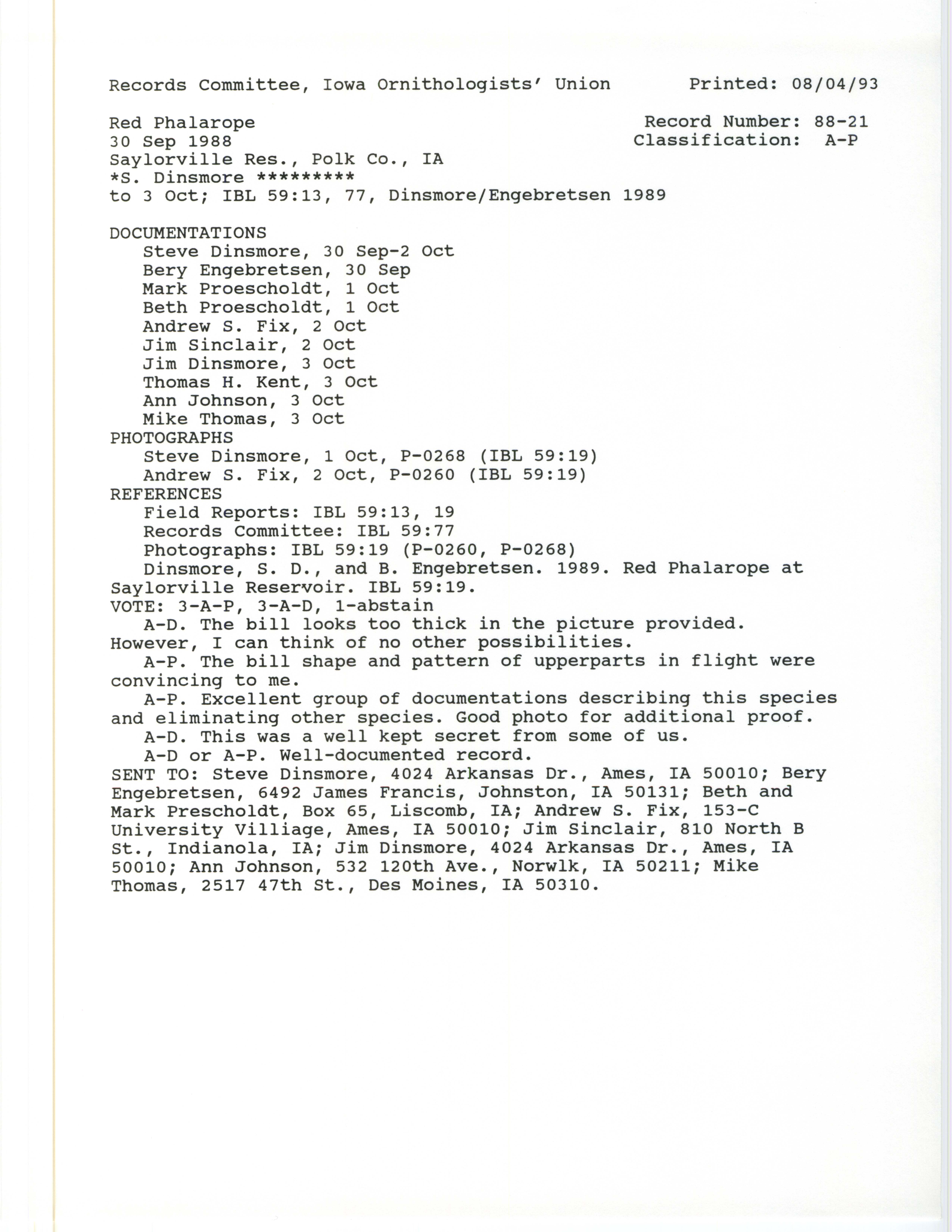 Records Committee review for rare bird sighting of Red Phalarope at Saylorville Reservoir, 1988