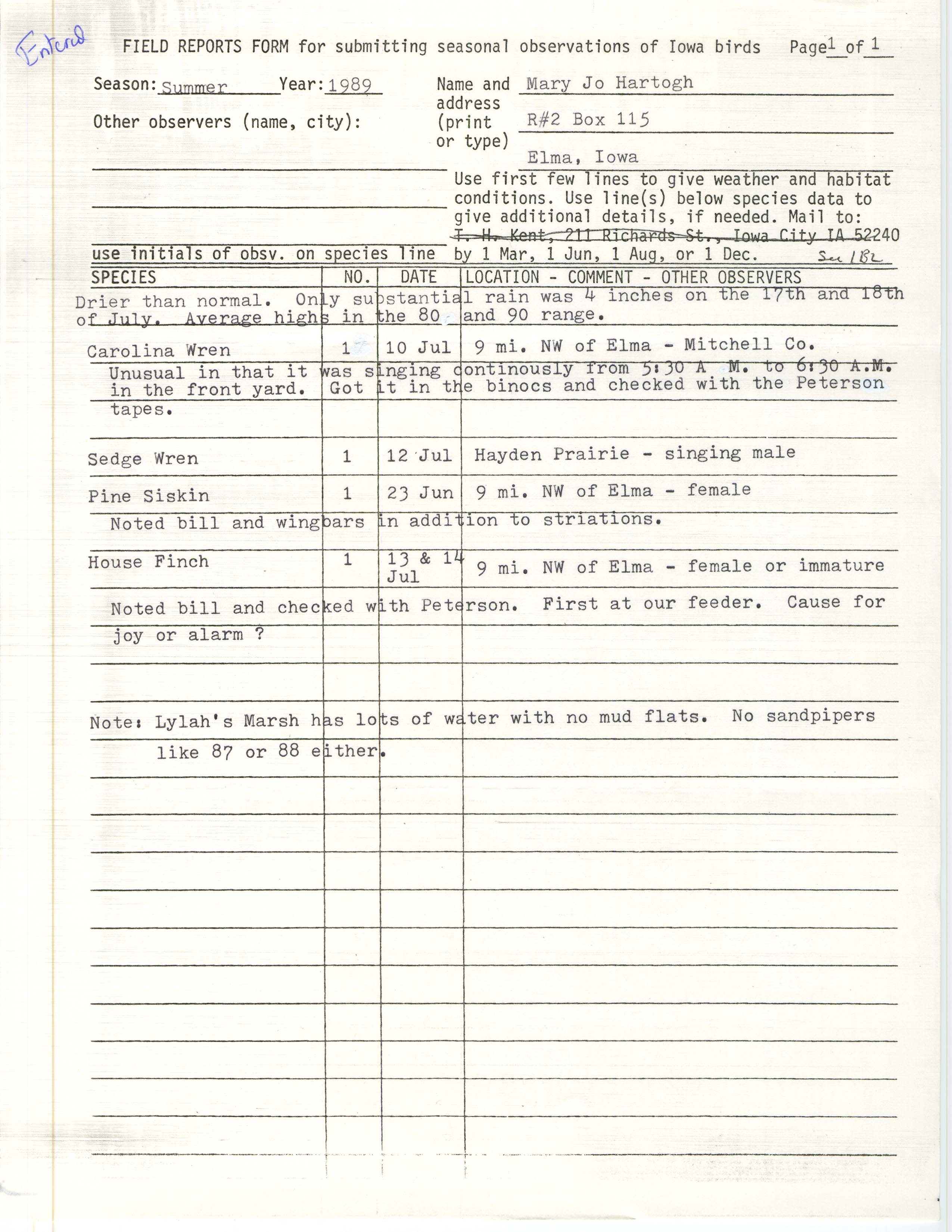 Field reports form for submitting seasonal observations of Iowa birds, Mary Jo Hartogh, summer 1989
