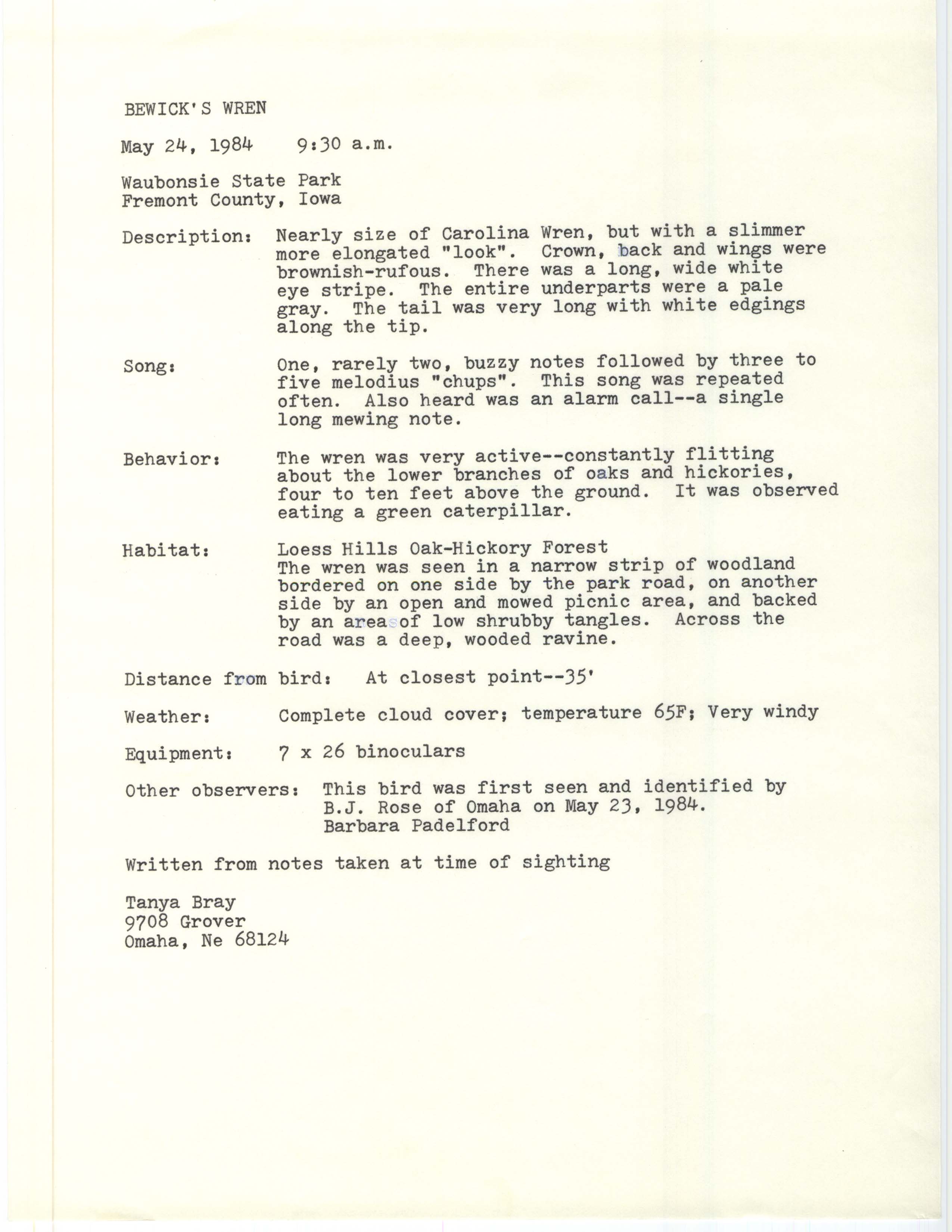 Rare bird documentation form for Bewick's Wren at Waubonsie State Park, 1984