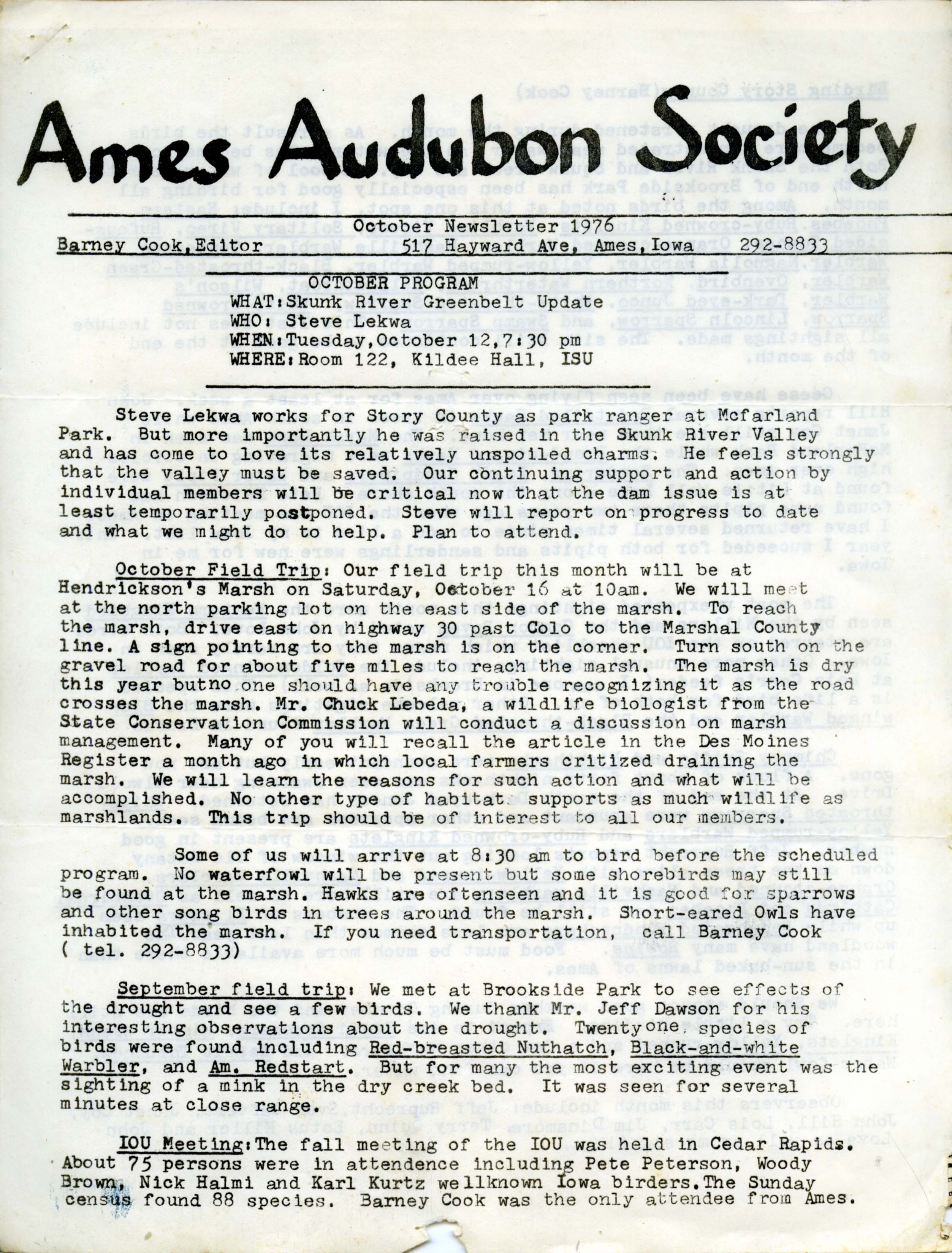 Ames Audubon Society October Newsletter, 1976