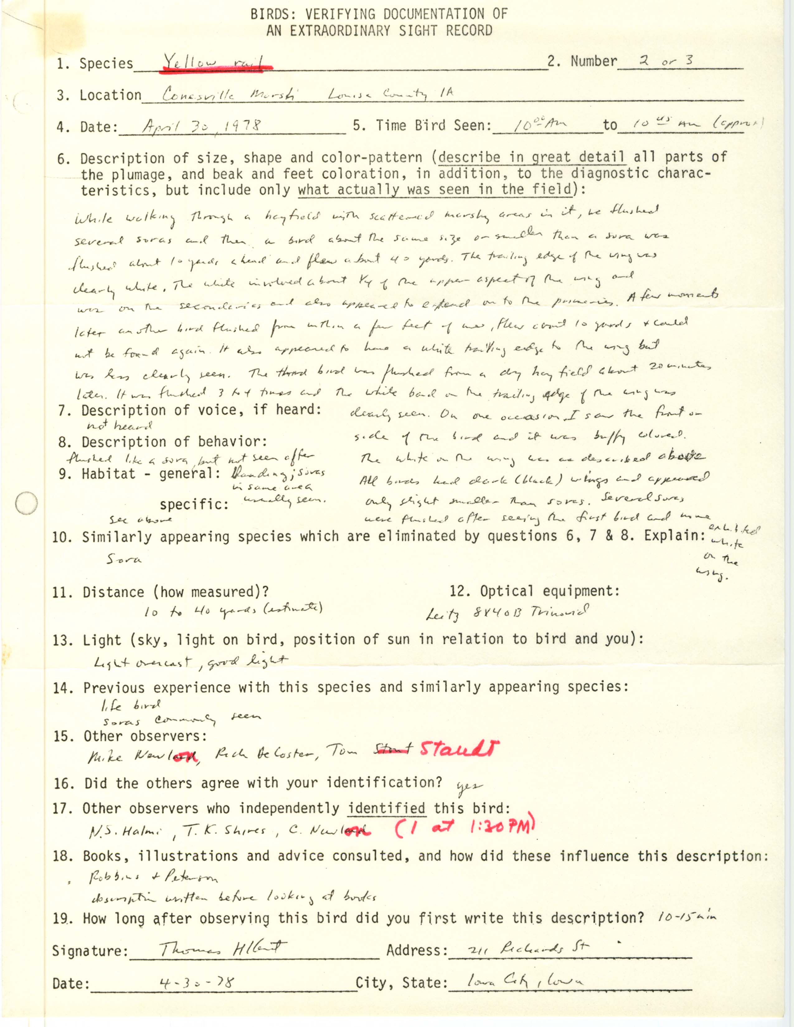 Rare bird documentation form for Yellow Rail at Conesville Marsh, 1978