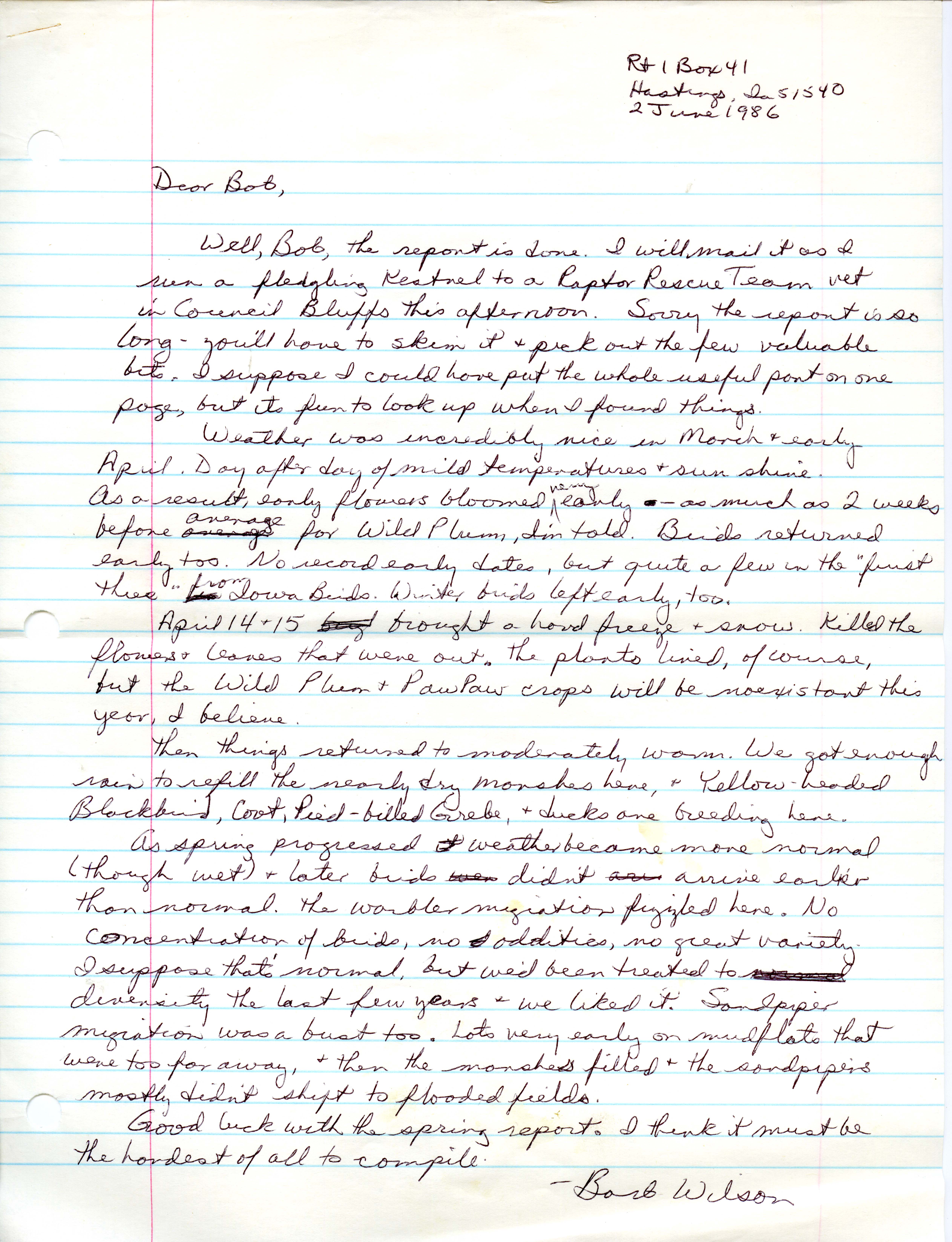 Barb Wilson letter to Robert Myers regarding Spring report, June 2, 1986
