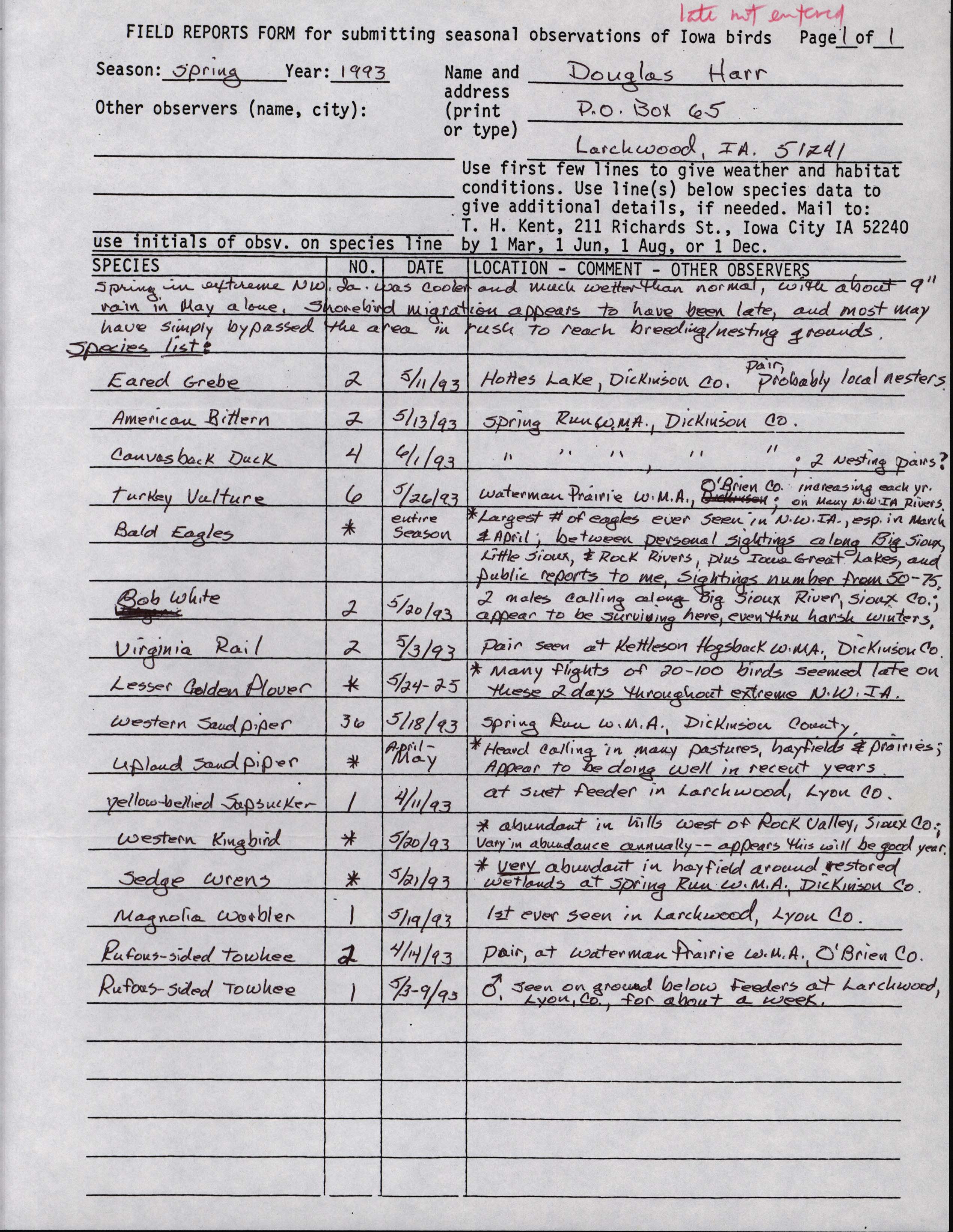 Field reports form for submitting seasonal observations of Iowa birds, Douglas Harr, Spring 1993
