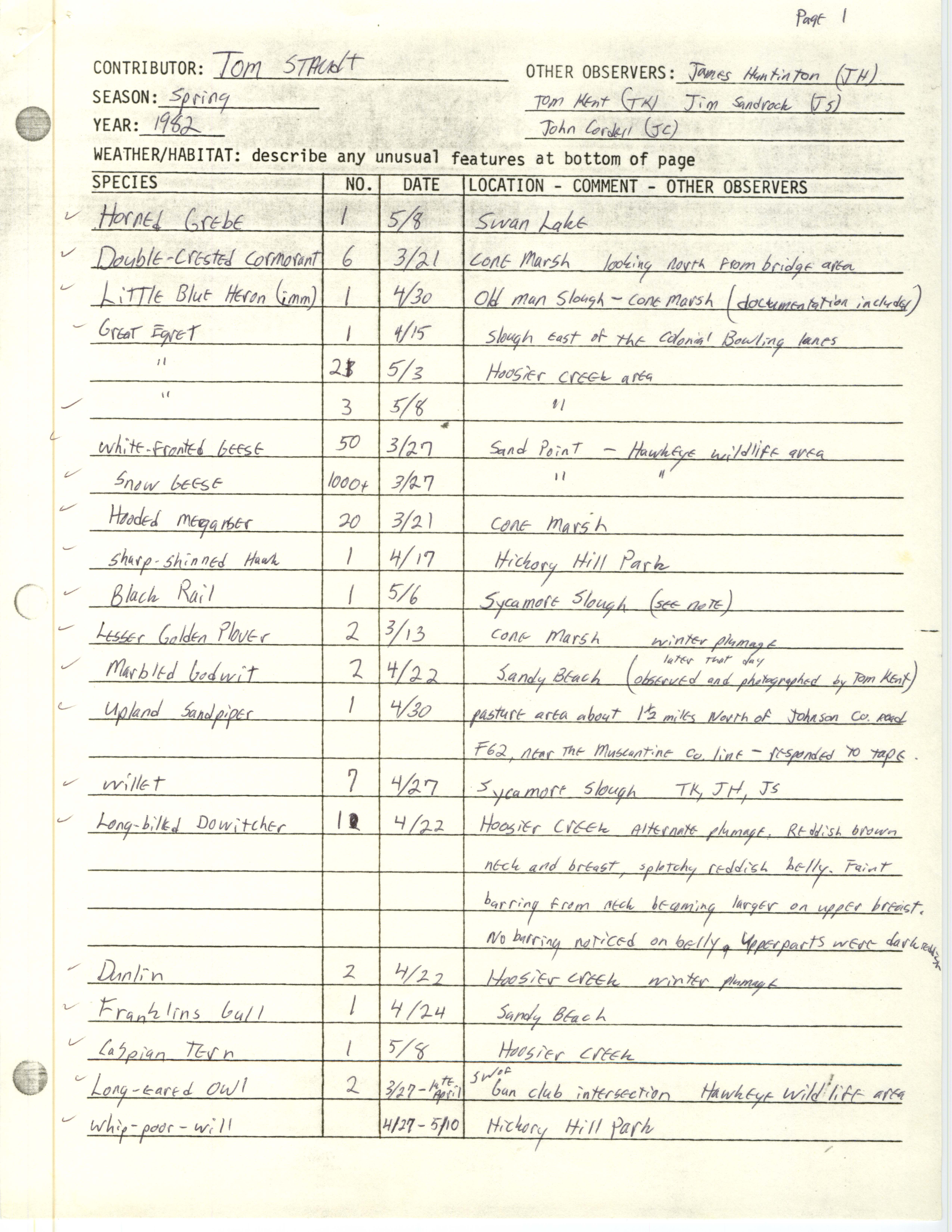 Field notes contributed by Thomas J. Staudt, spring 1982