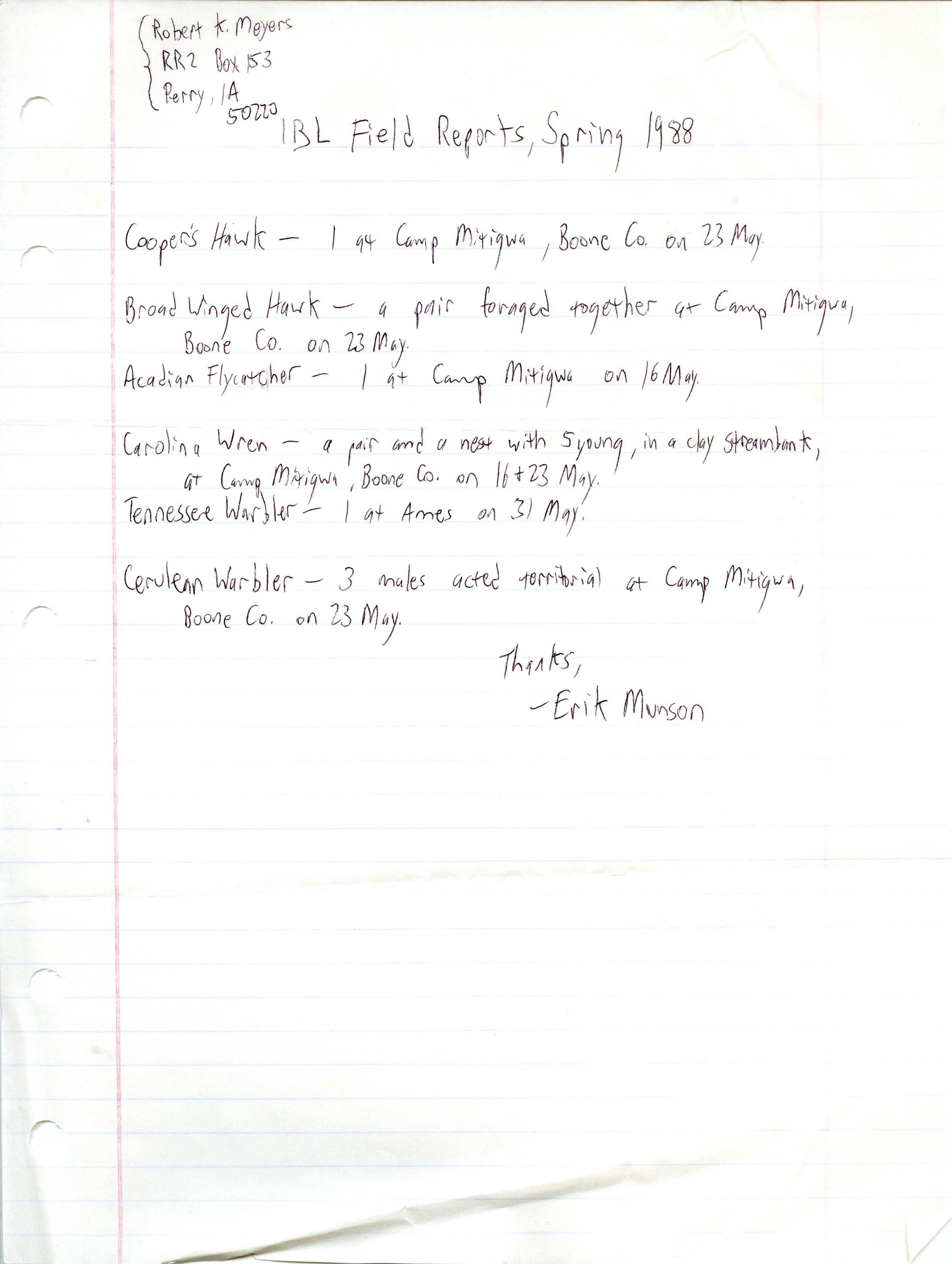 Erik Munson letter to Robert K. Myers regarding bird sightings, spring 1988