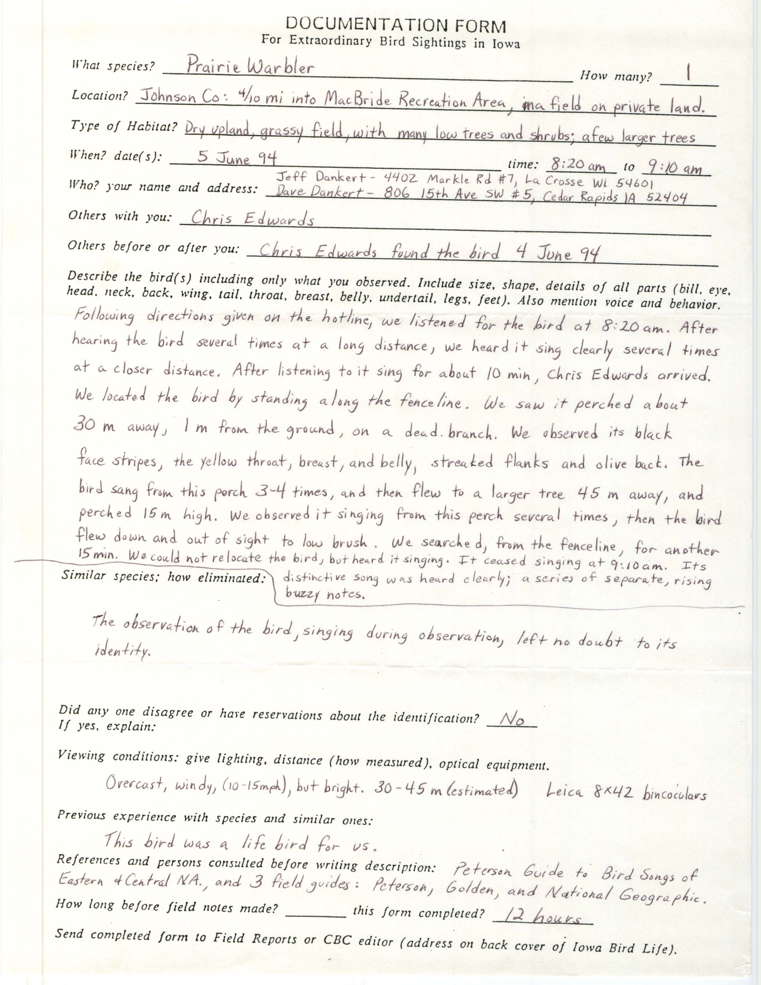 Rare bird documentation form for Prairie Warbler at MacBride Recreation Area, 1994