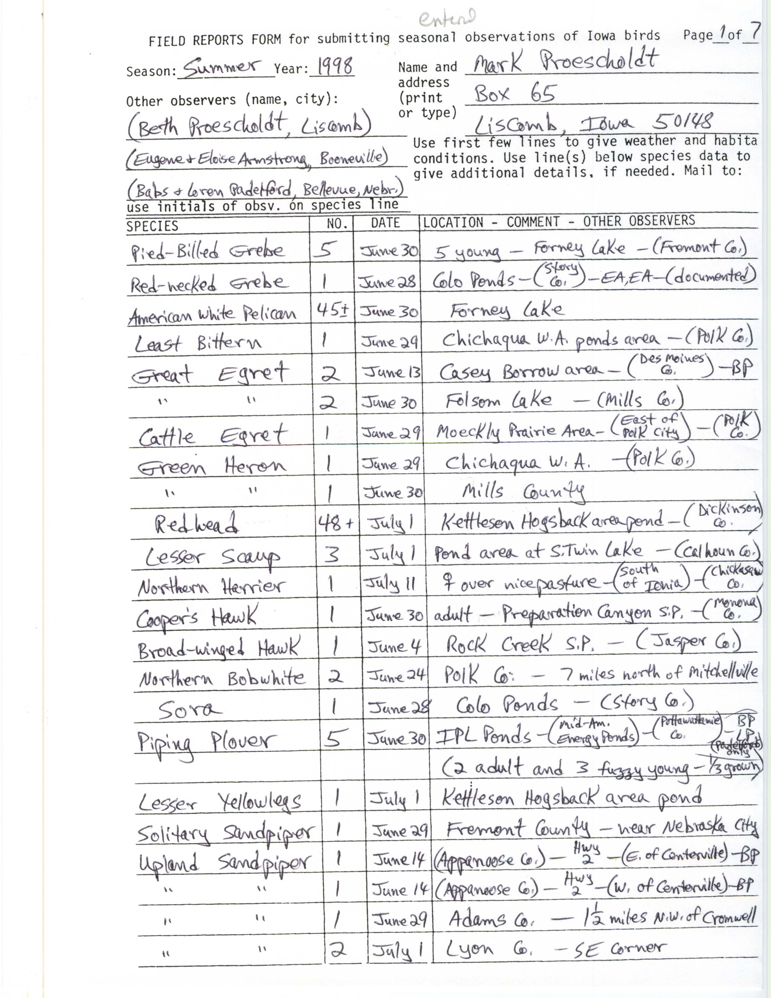 Field reports form for submitting seasonal observations of Iowa birds, Mark Proescholdt, summer 1998