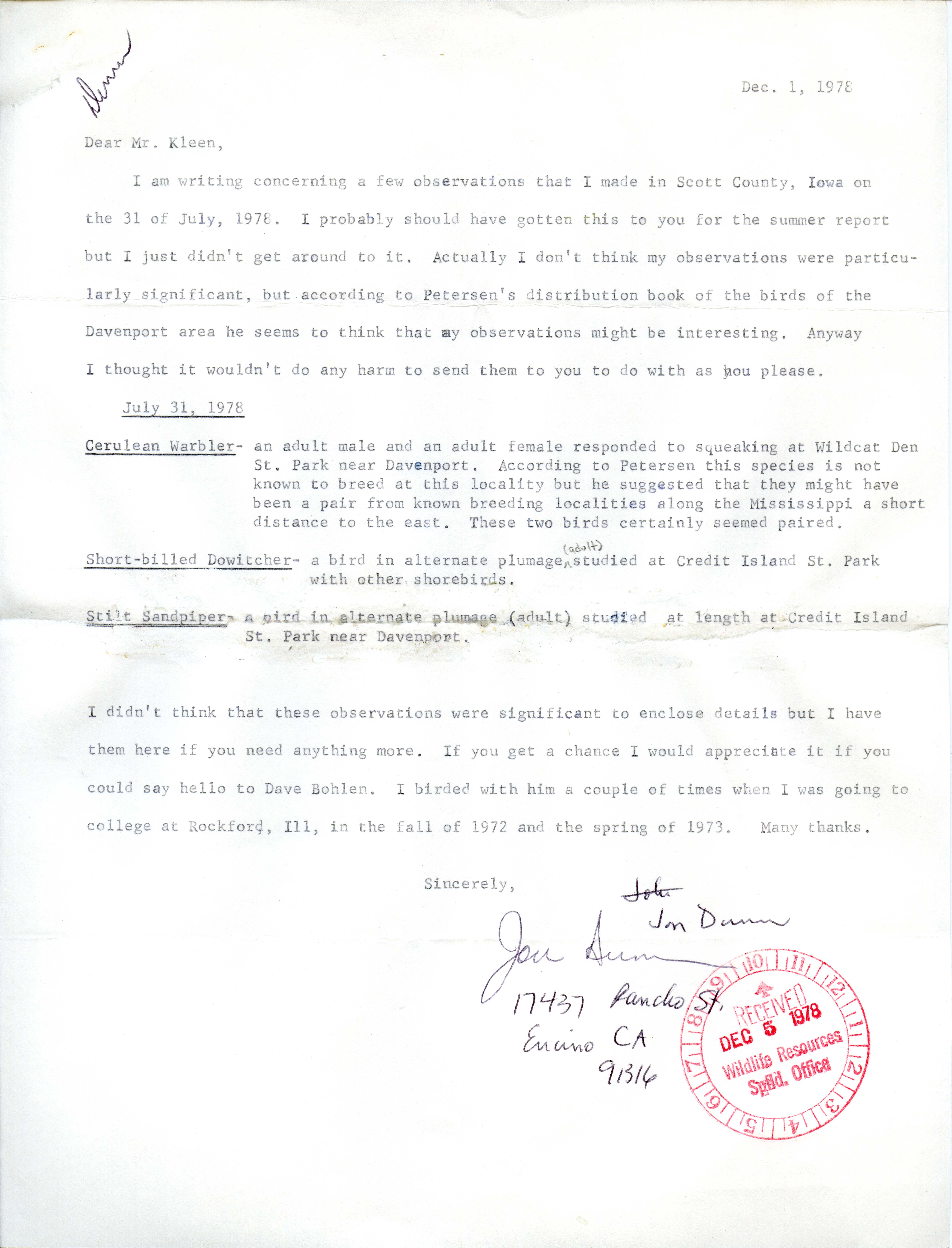 James J. Dinsmore letter to Vernon M. Kleen regarding bird sightings, December 1, 1978