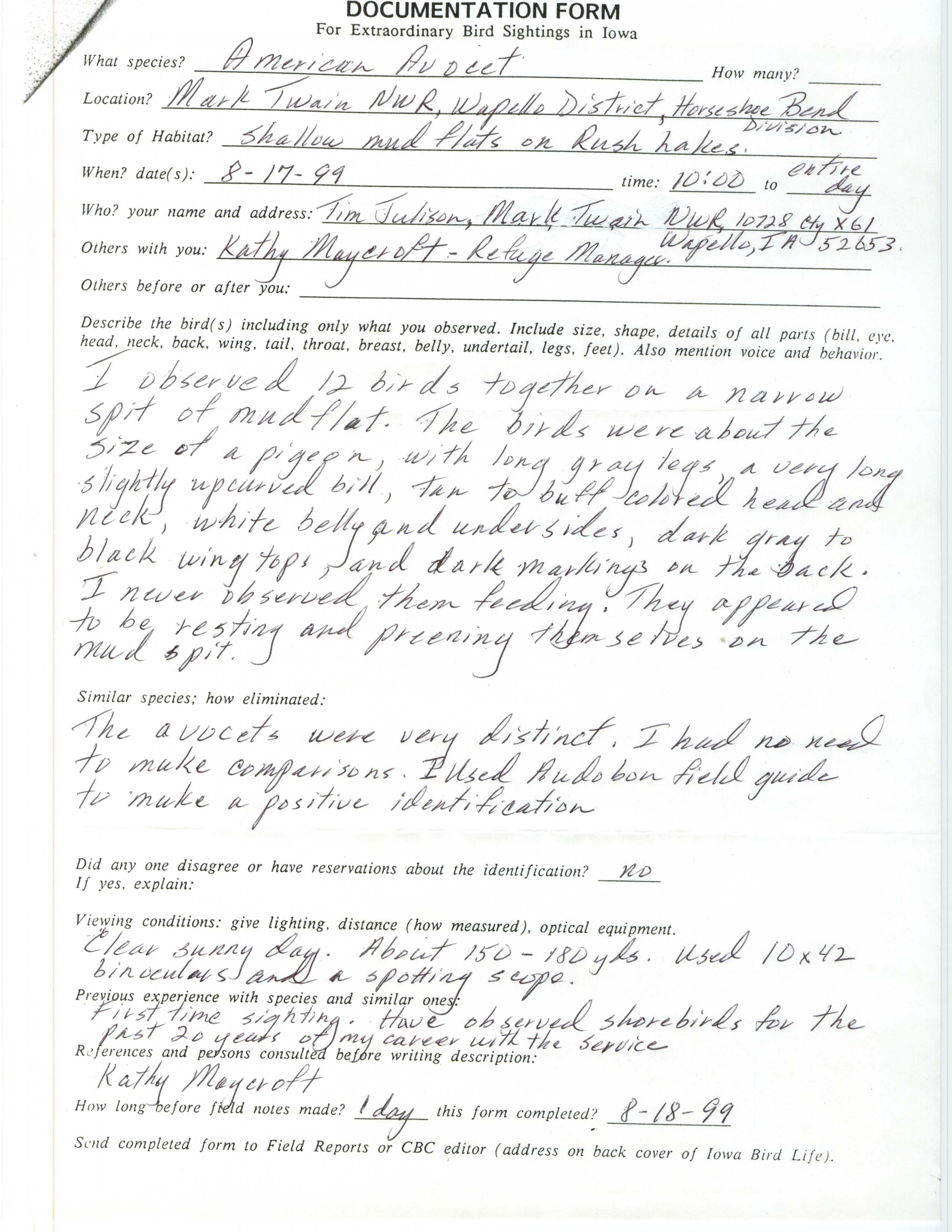 Rare bird documentation form for American Avocet at Mark Twain National Wildlife Refuge, 1999