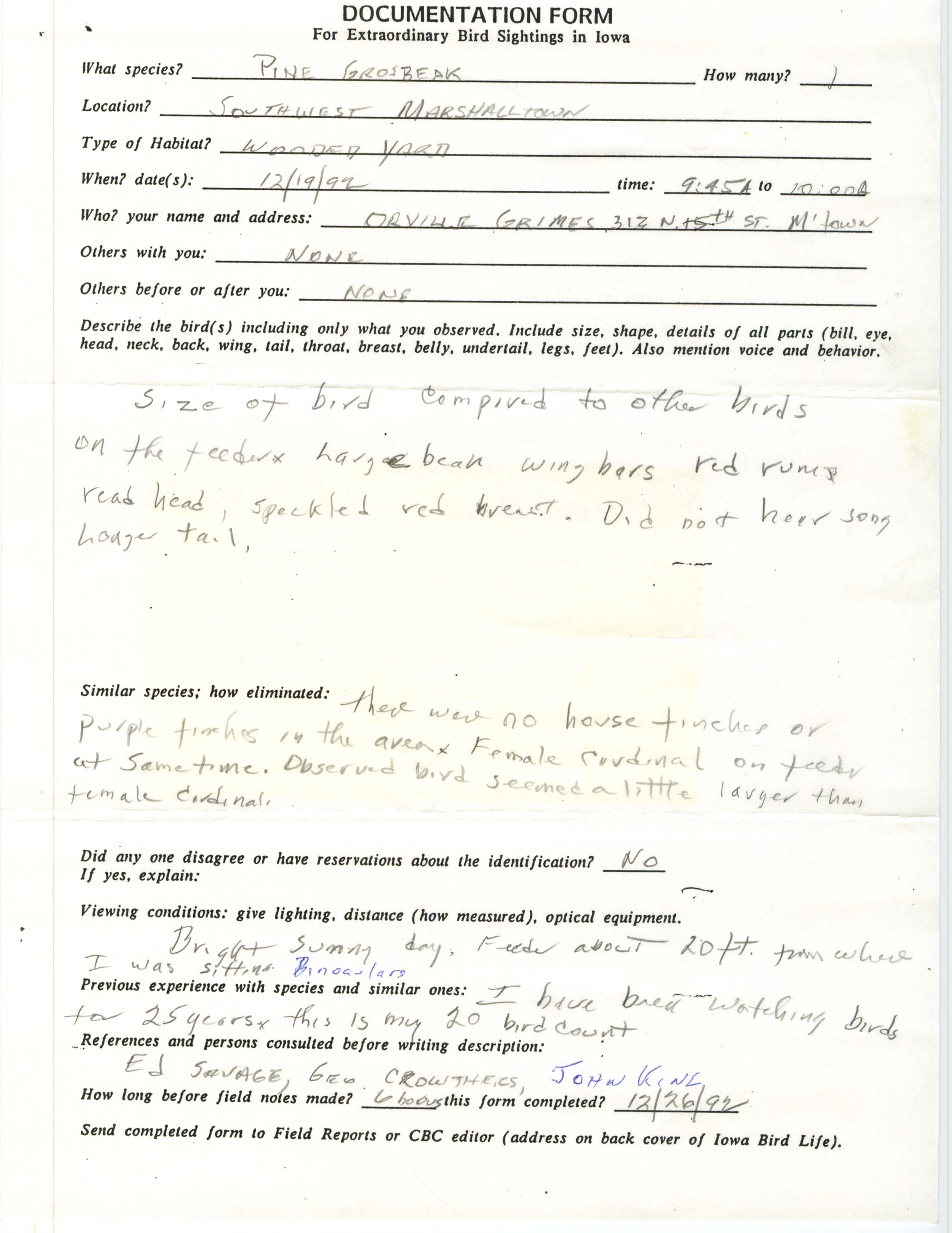 Rare bird documentation form for Pine Grosbeak at Marshalltown, 1992