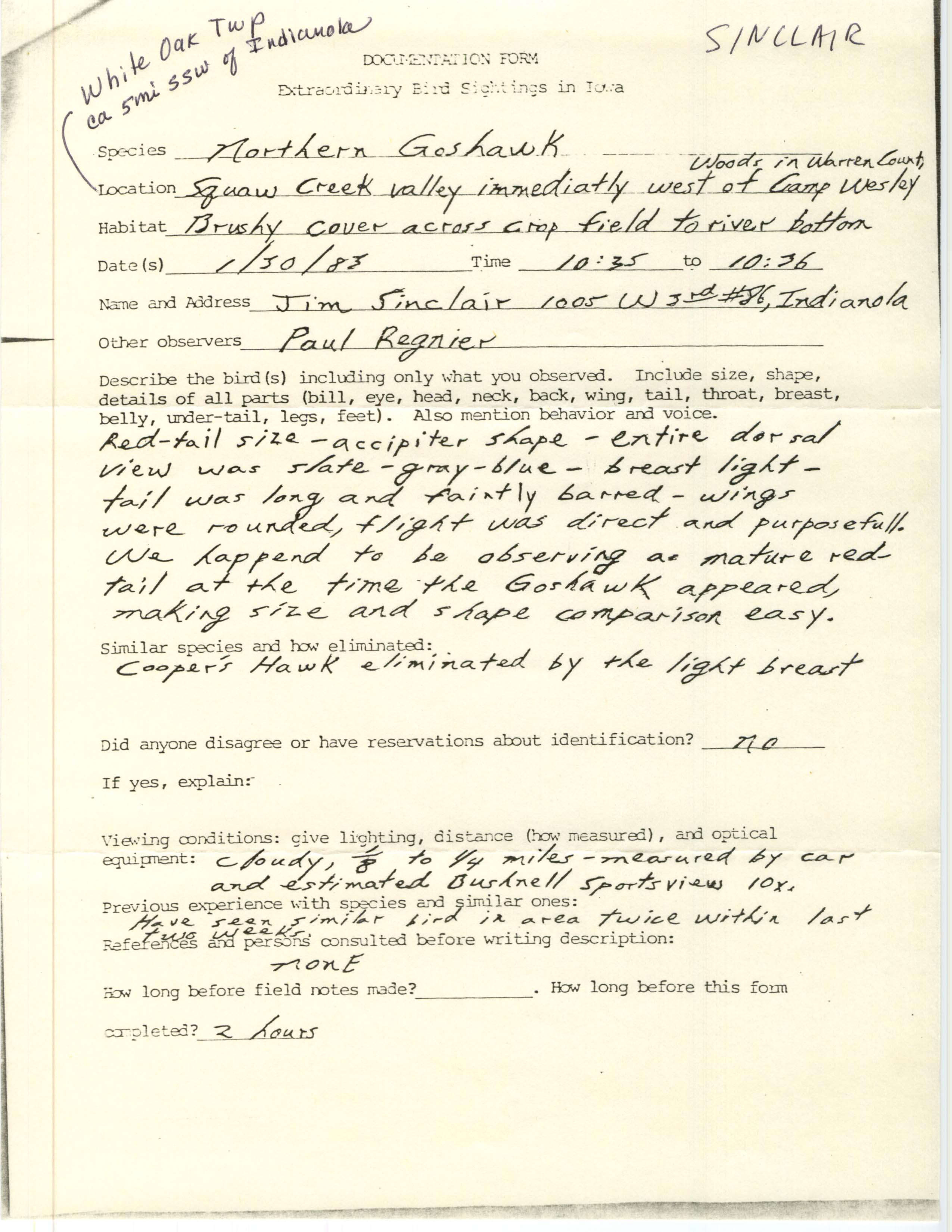 Rare bird documentation form for Northern Goshawk at Camp Wesley Woods, 1983