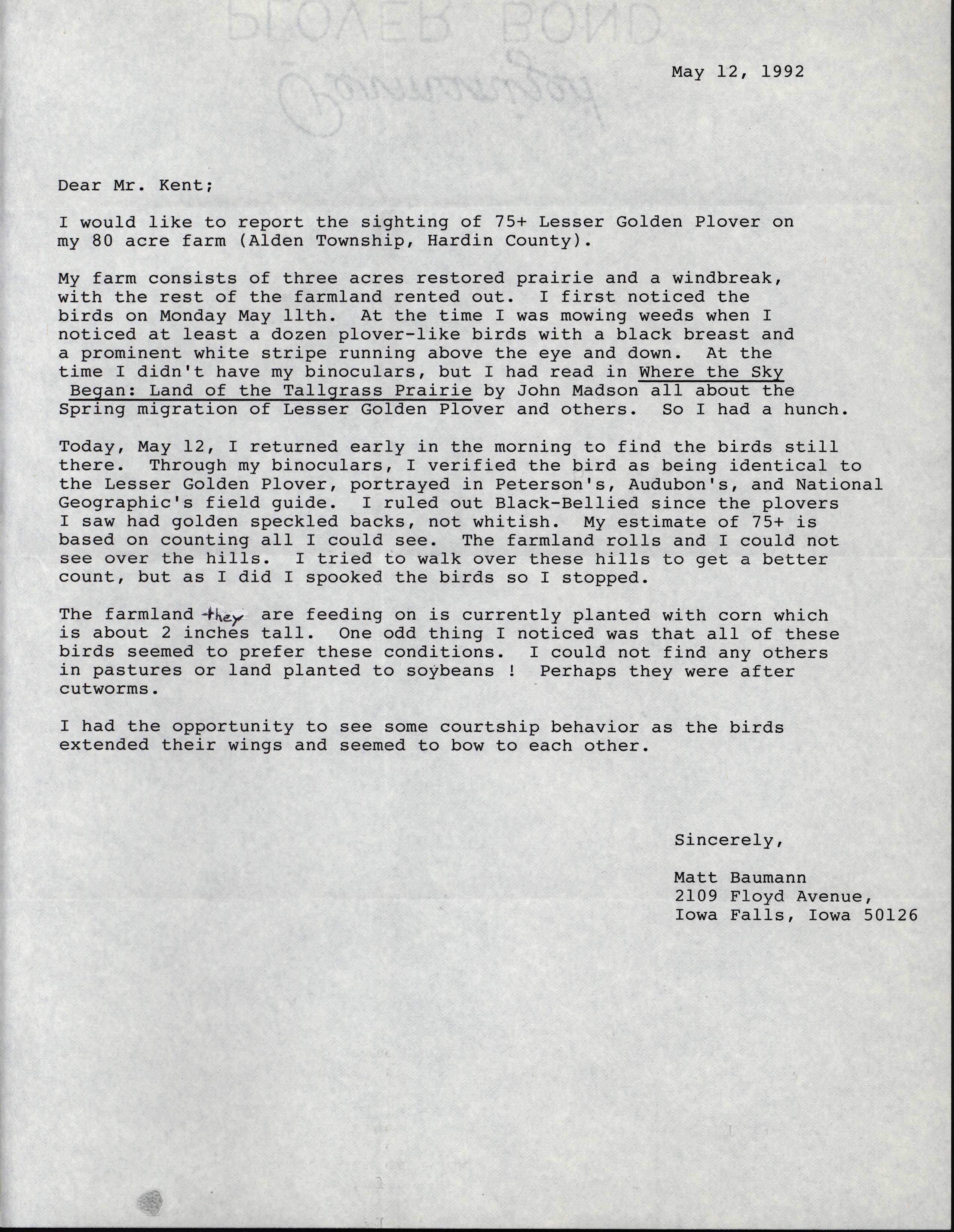 Matt Baumann letter to Thomas H. Kent regarding bird sightings, May 12, 1992