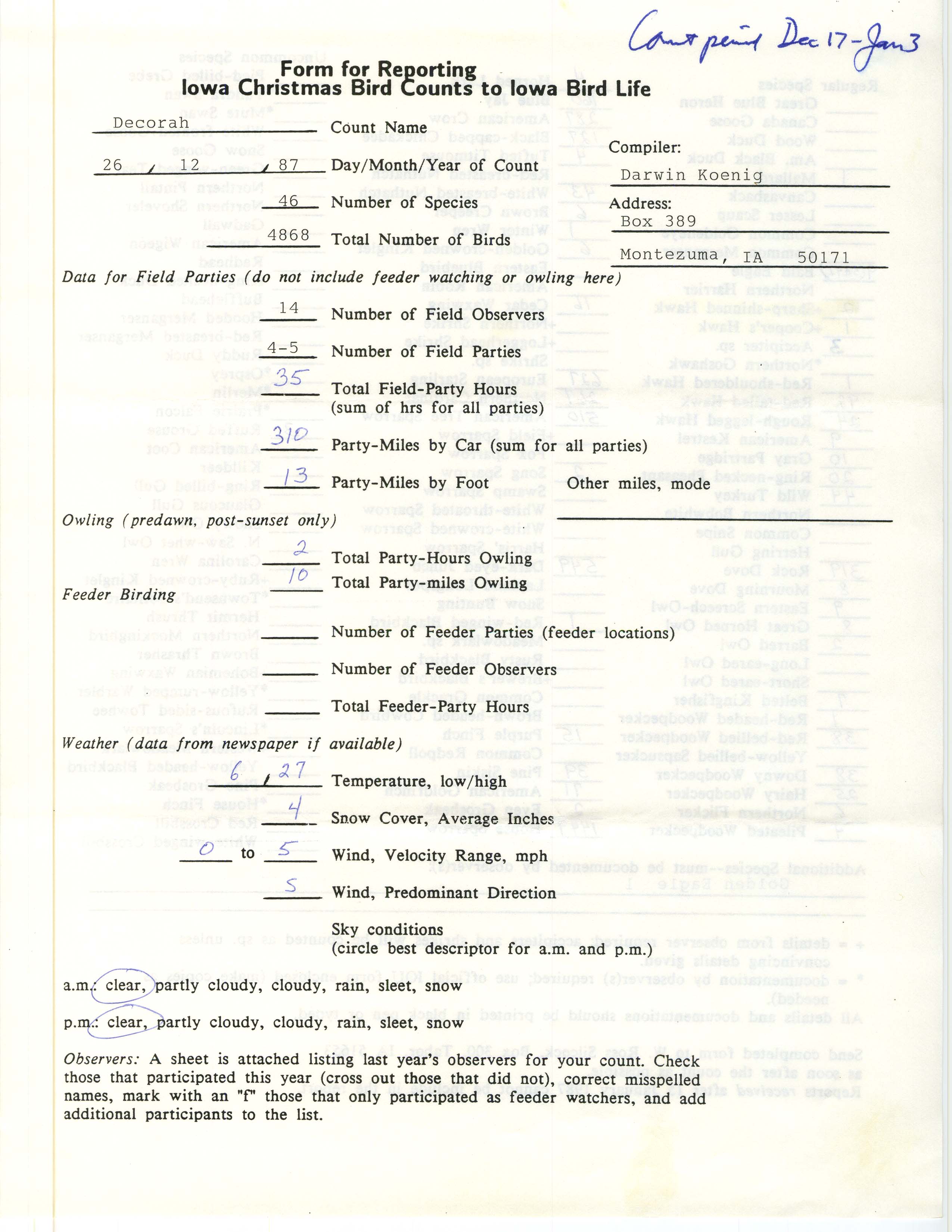 Form for reporting Iowa Christmas bird counts to Iowa Bird Life, Darwin Koenig, December 26, 1987