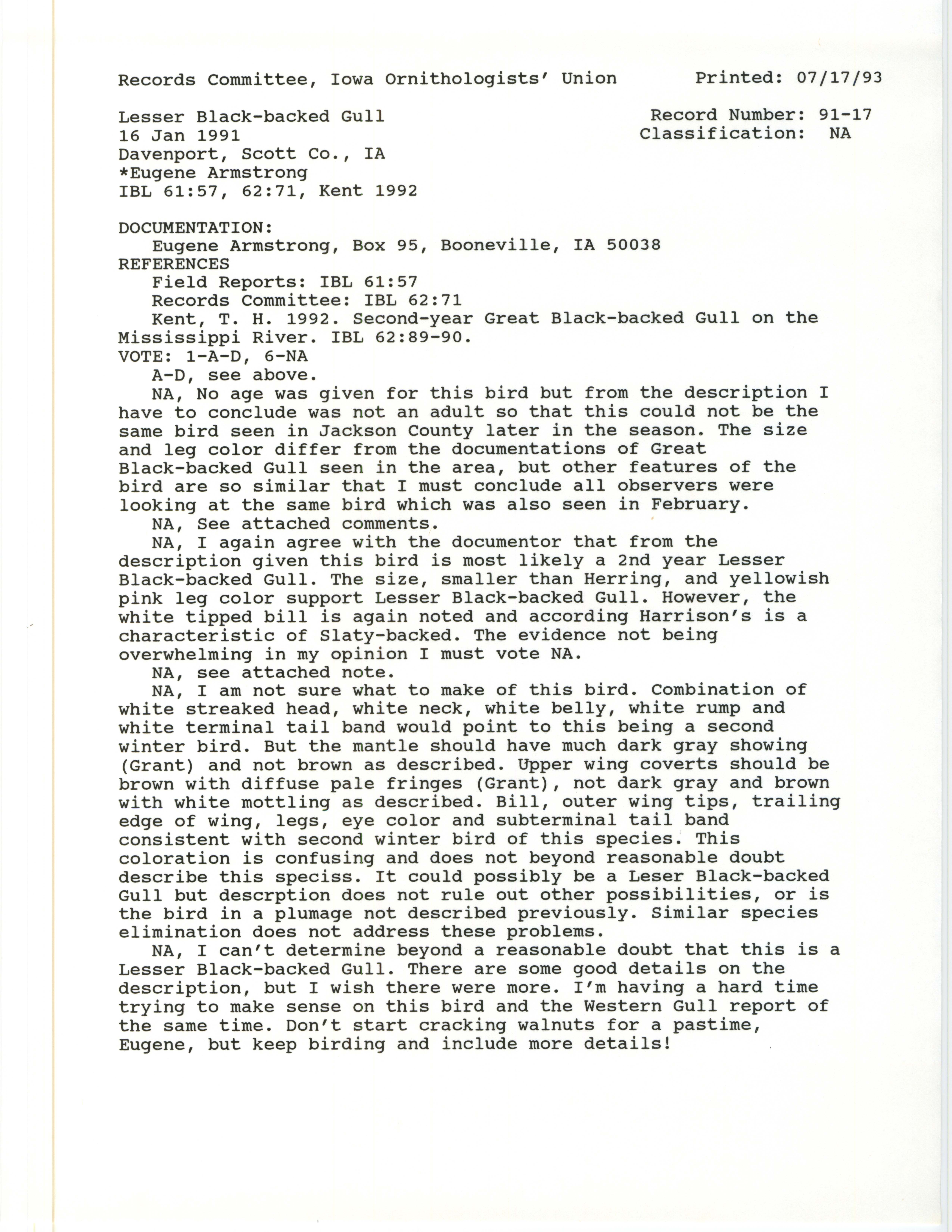 Records Committee review for rare bird sighting of Lesser Black-backed Gull at Davenport, 1991