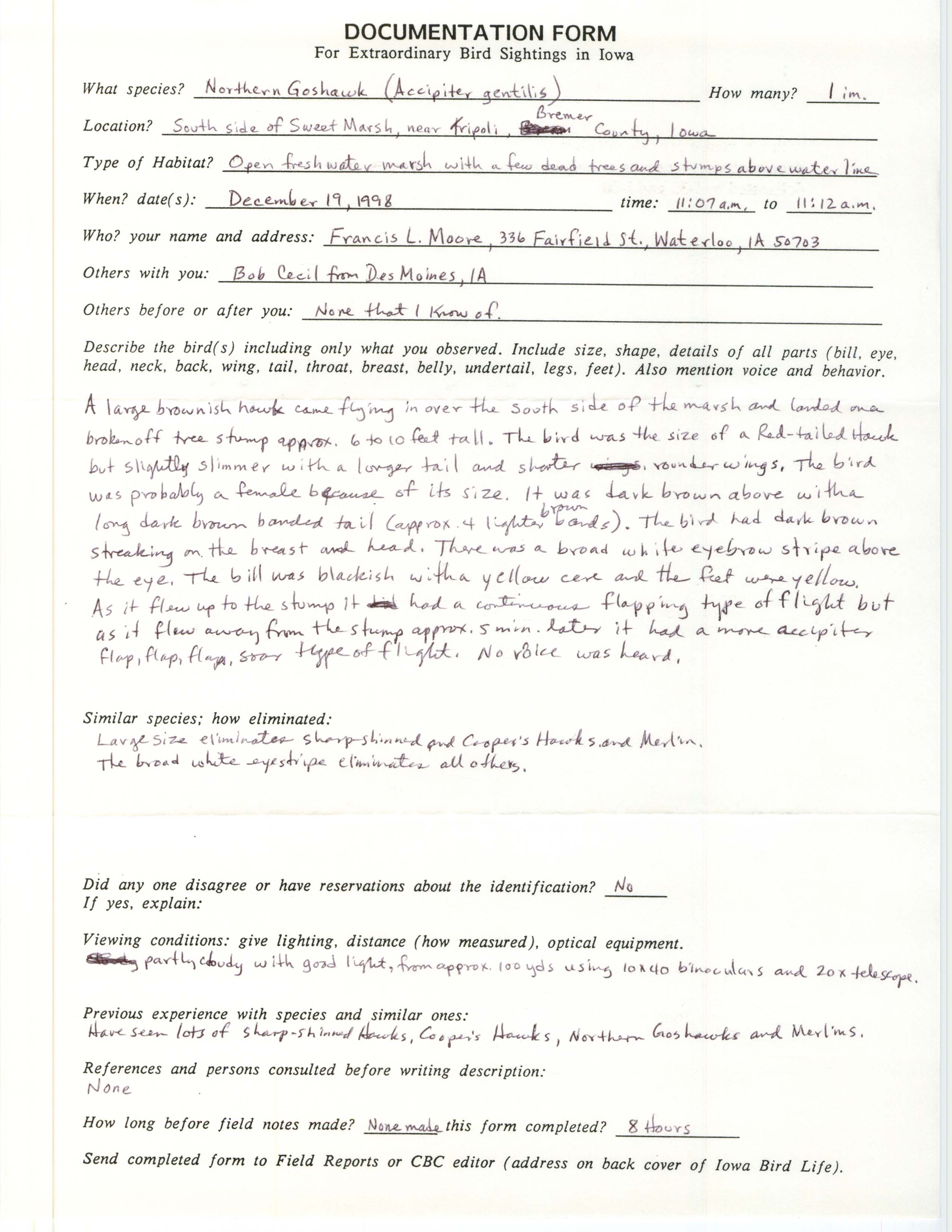 Rare bird documentation form for Northern Goshawk at Sweet Marsh, 1998