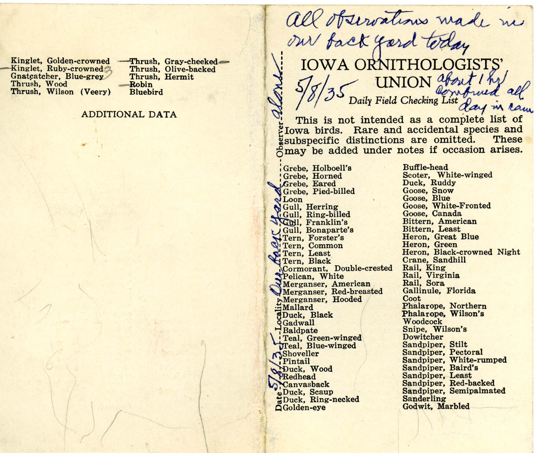 Daily field checking list, Walter Rosene, May 8, 1935