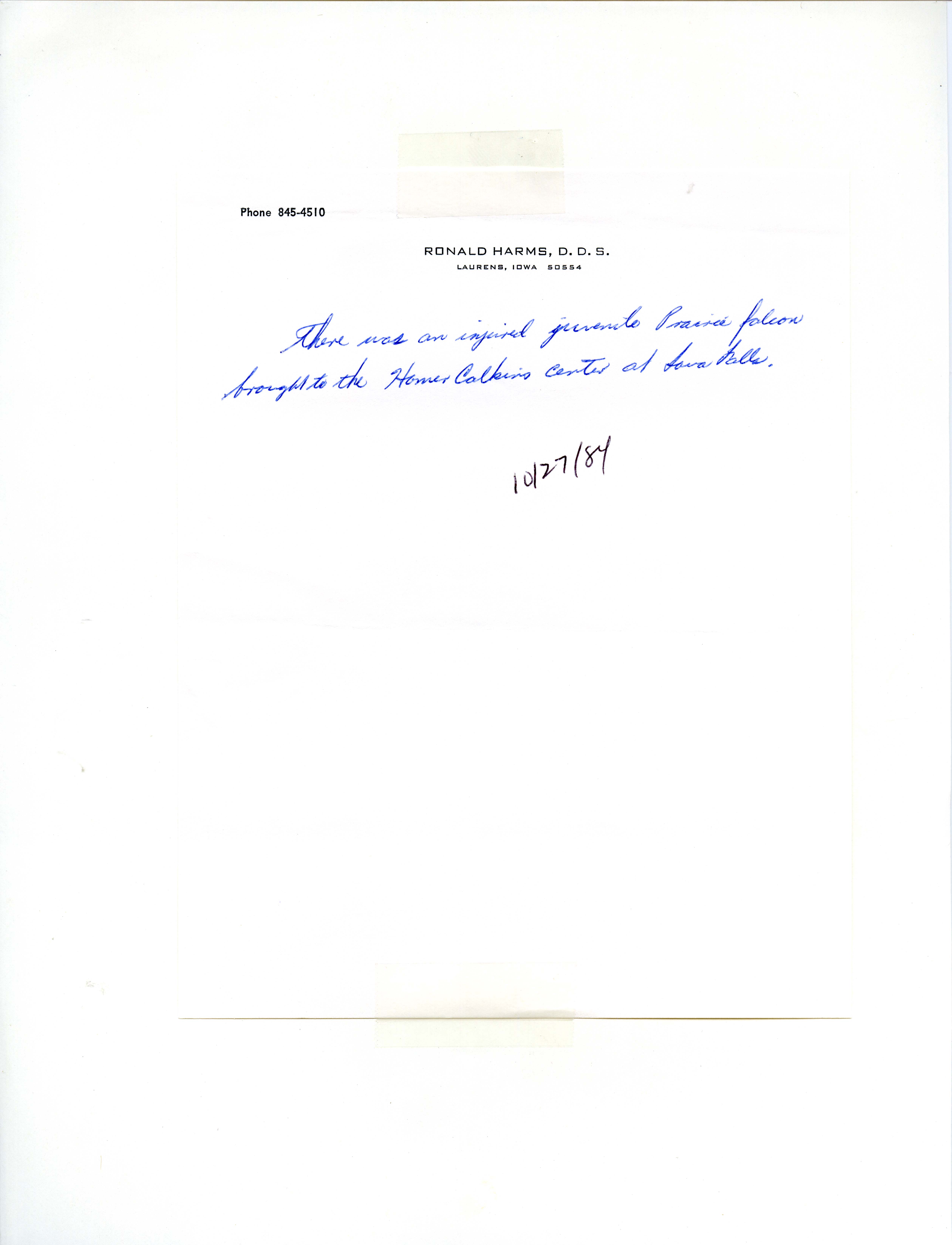 Ronald Harms letter regarding injured Prairie Falcon, October 27, 1984