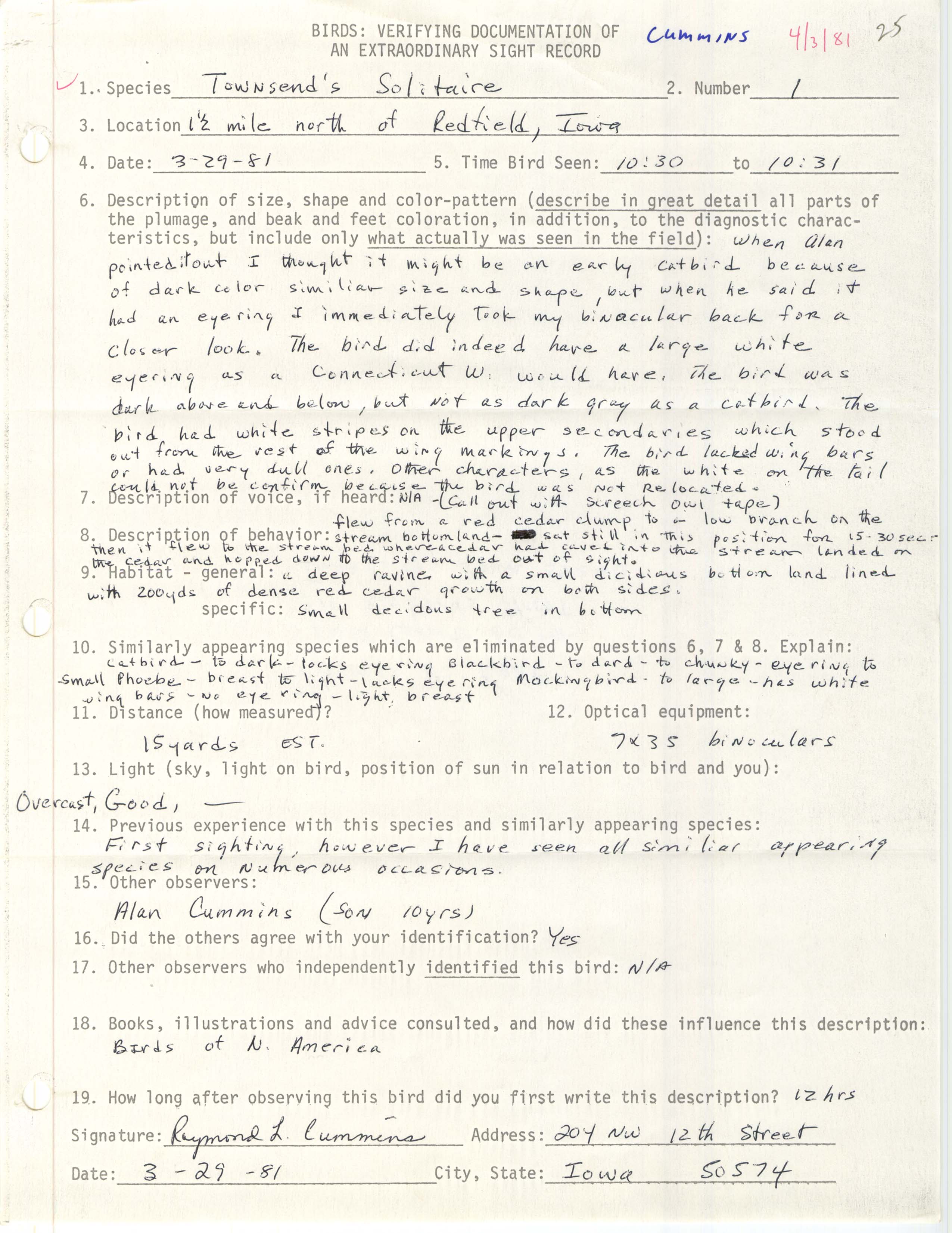 Rare bird documentation form for Townsend's Solitaire north of Redfield, 1981