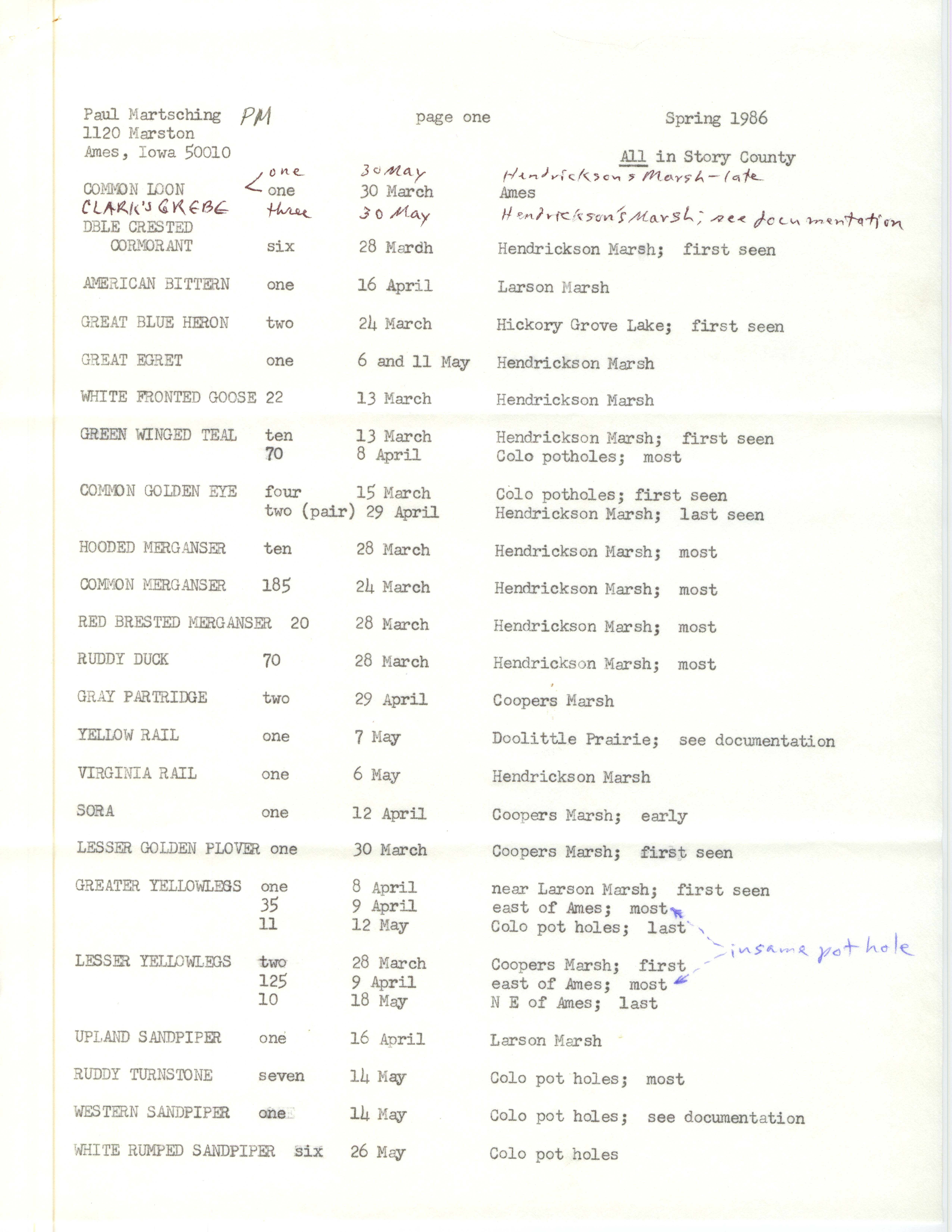 Annotated bird sighting list for Spring 1986 compiled by Paul Martsching