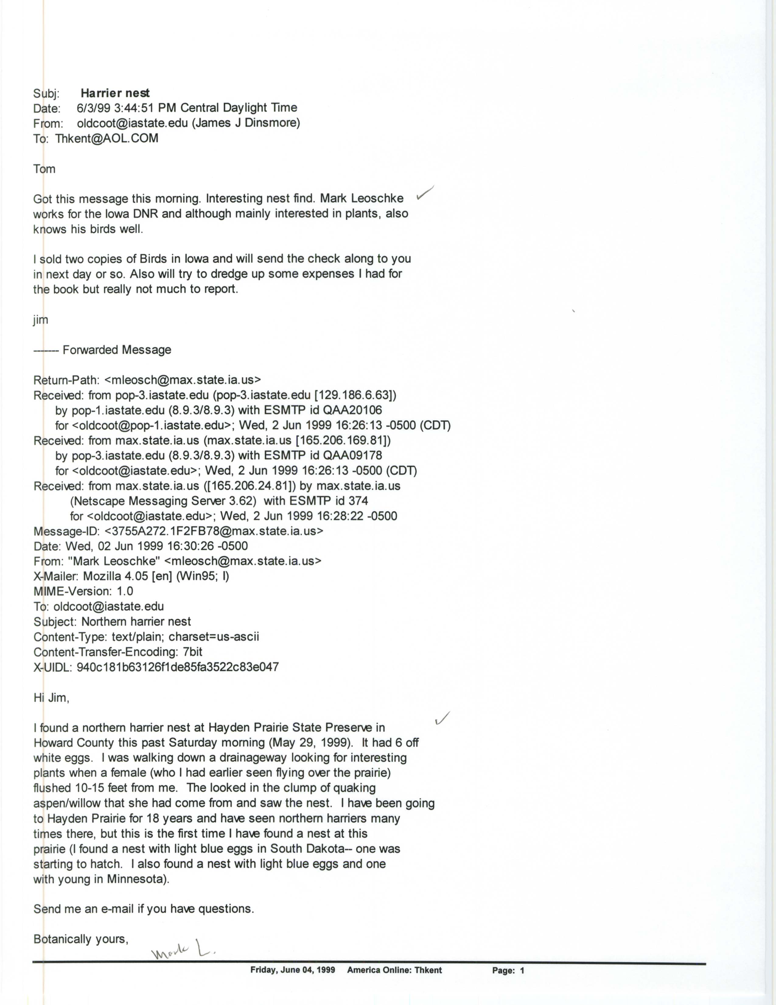 Jim Dinsmore email to Thomas Kent regarding Harrier nest, June 3, 1999