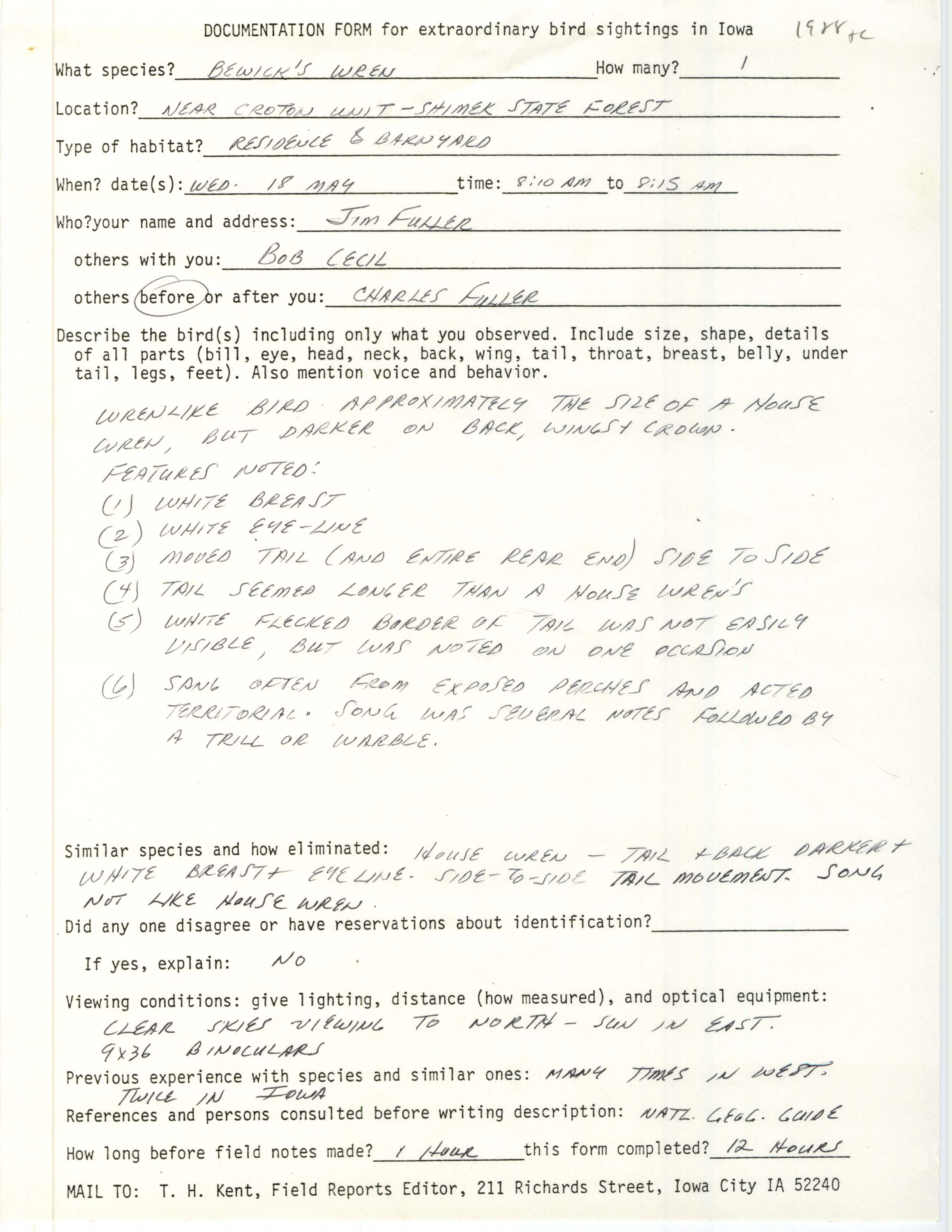 Rare bird documentation form for Bewick's Wren near the Croton Unit in Shimek State Forest, 1988