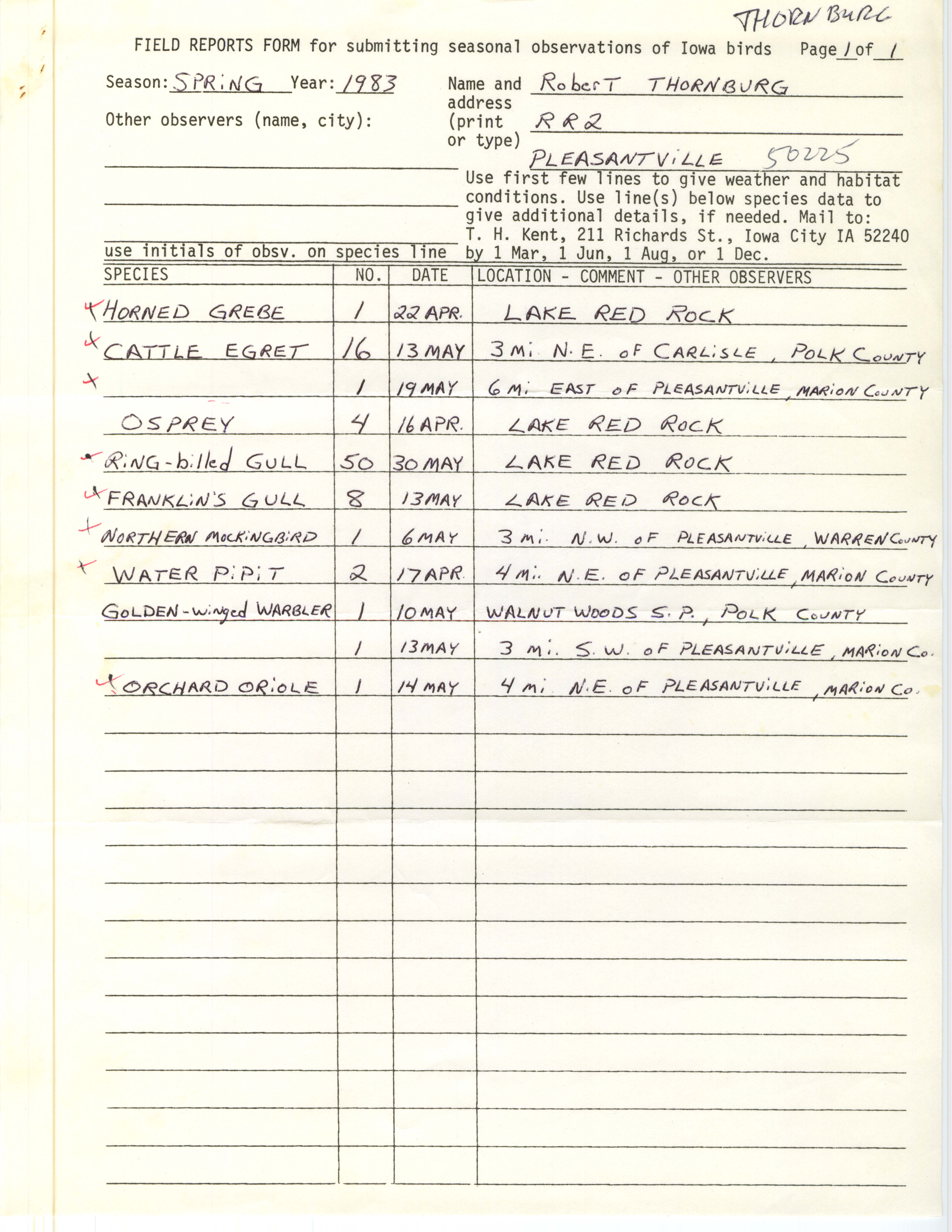 Field reports form for submitting seasonal observations of Iowa birds, Robert E. Thornburg, spring 1983