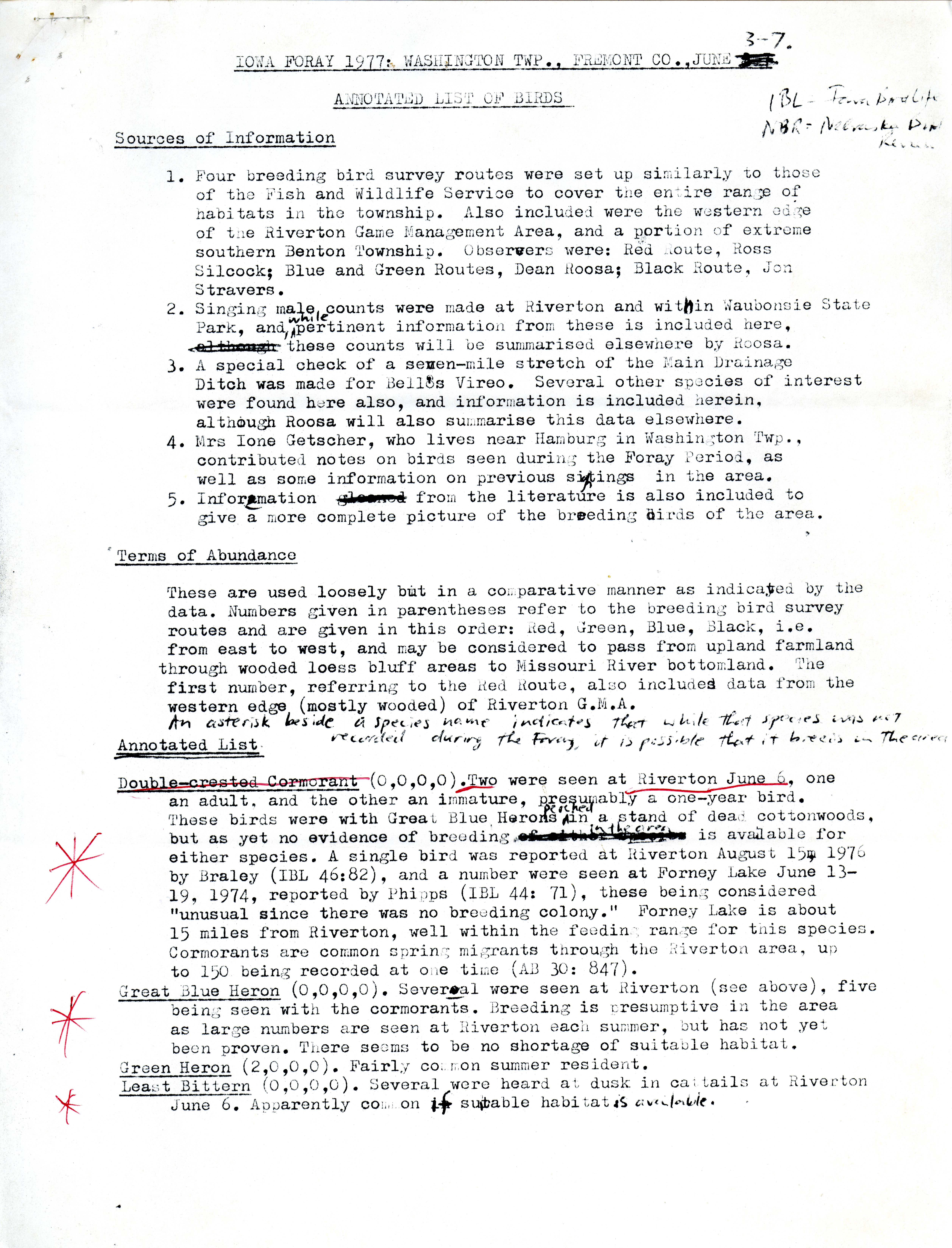 Iowa foray 1977, Washington Township, Fremont County, June 3-7, annotated list of birds