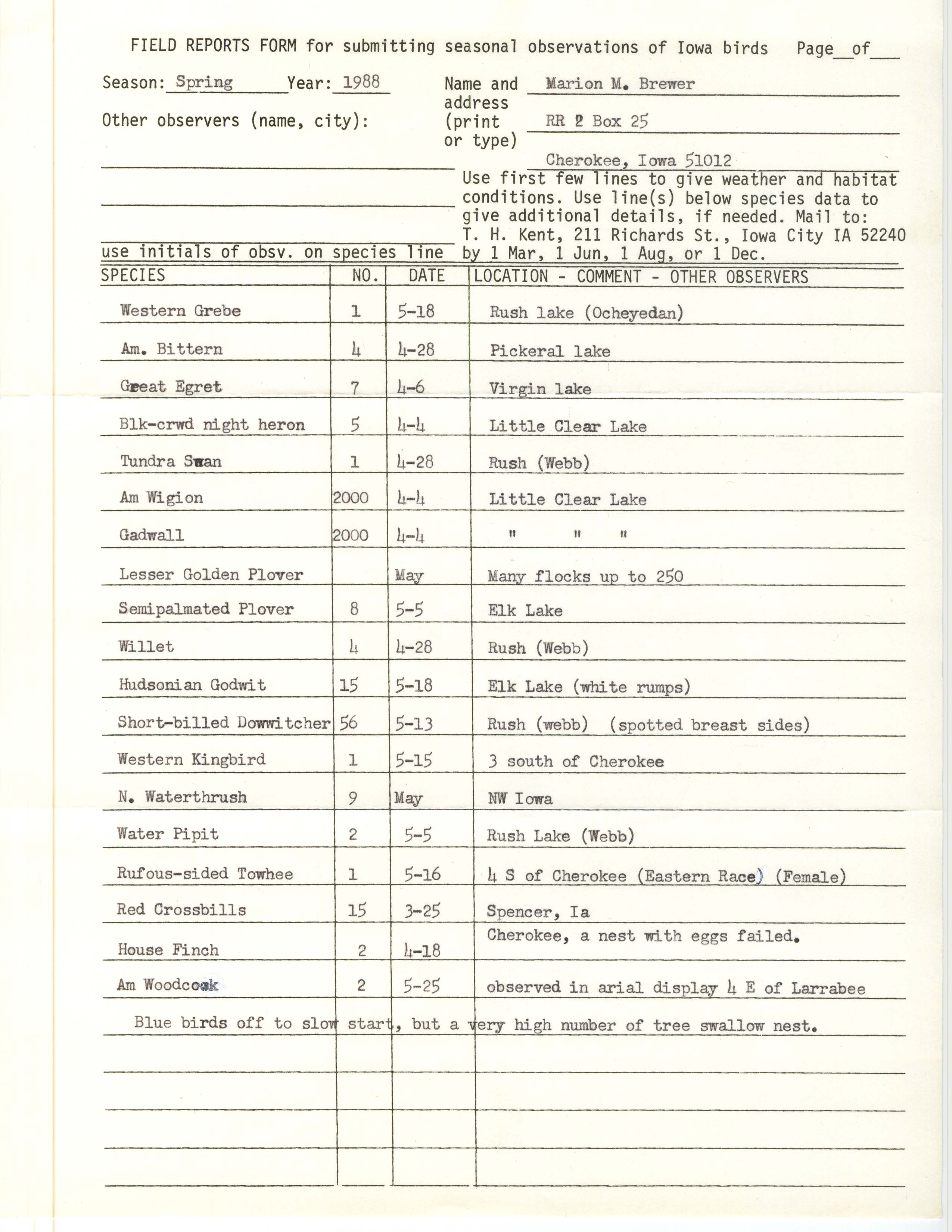 Field reports form for submitting seasonal observations of Iowa birds, Marion M. Brewer, spring 1988