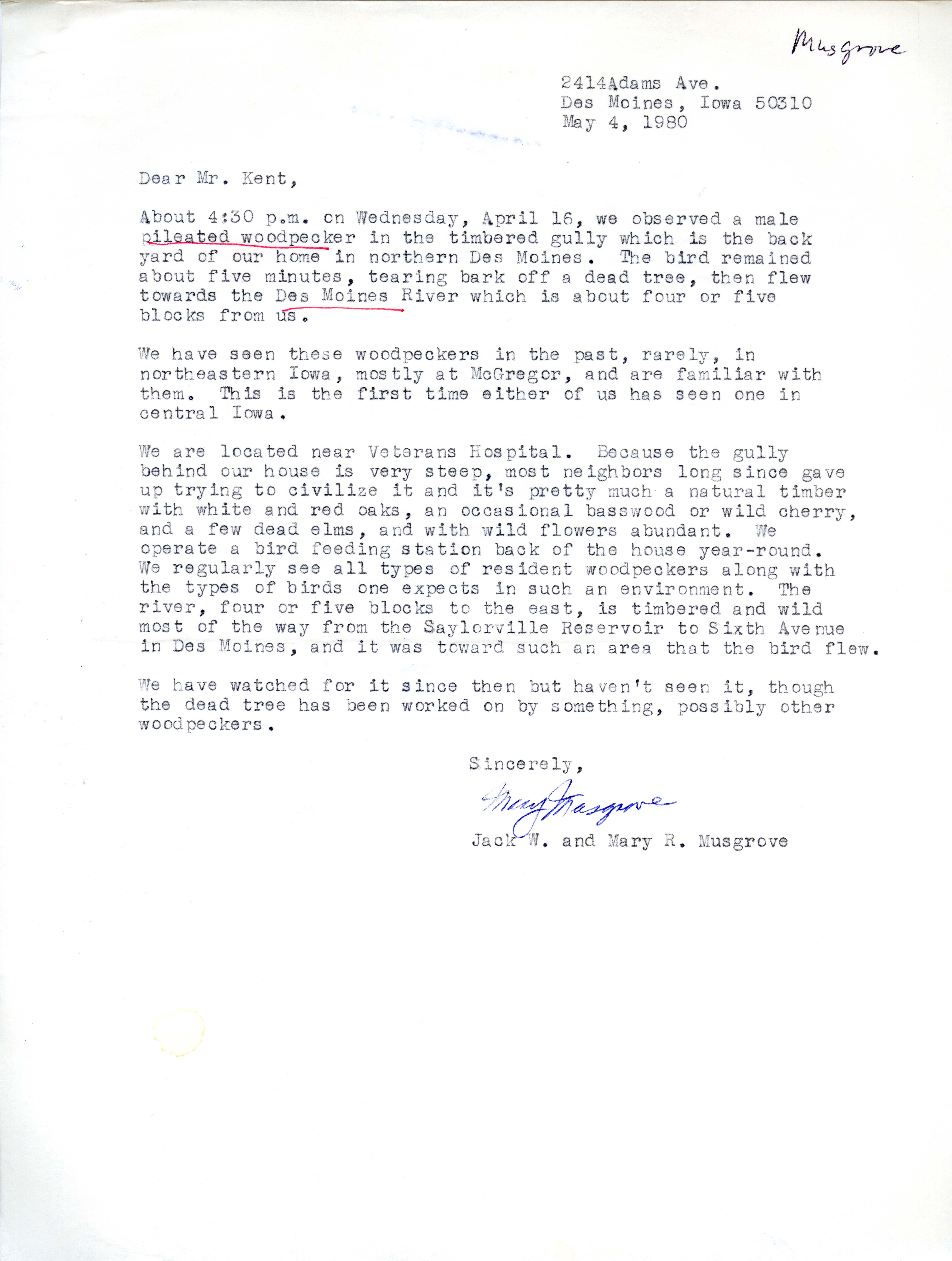 Jack W. Musgrove and Mary R. Musgrove letter to Thomas H. Kent regarding a bird sighting, May 4, 1980