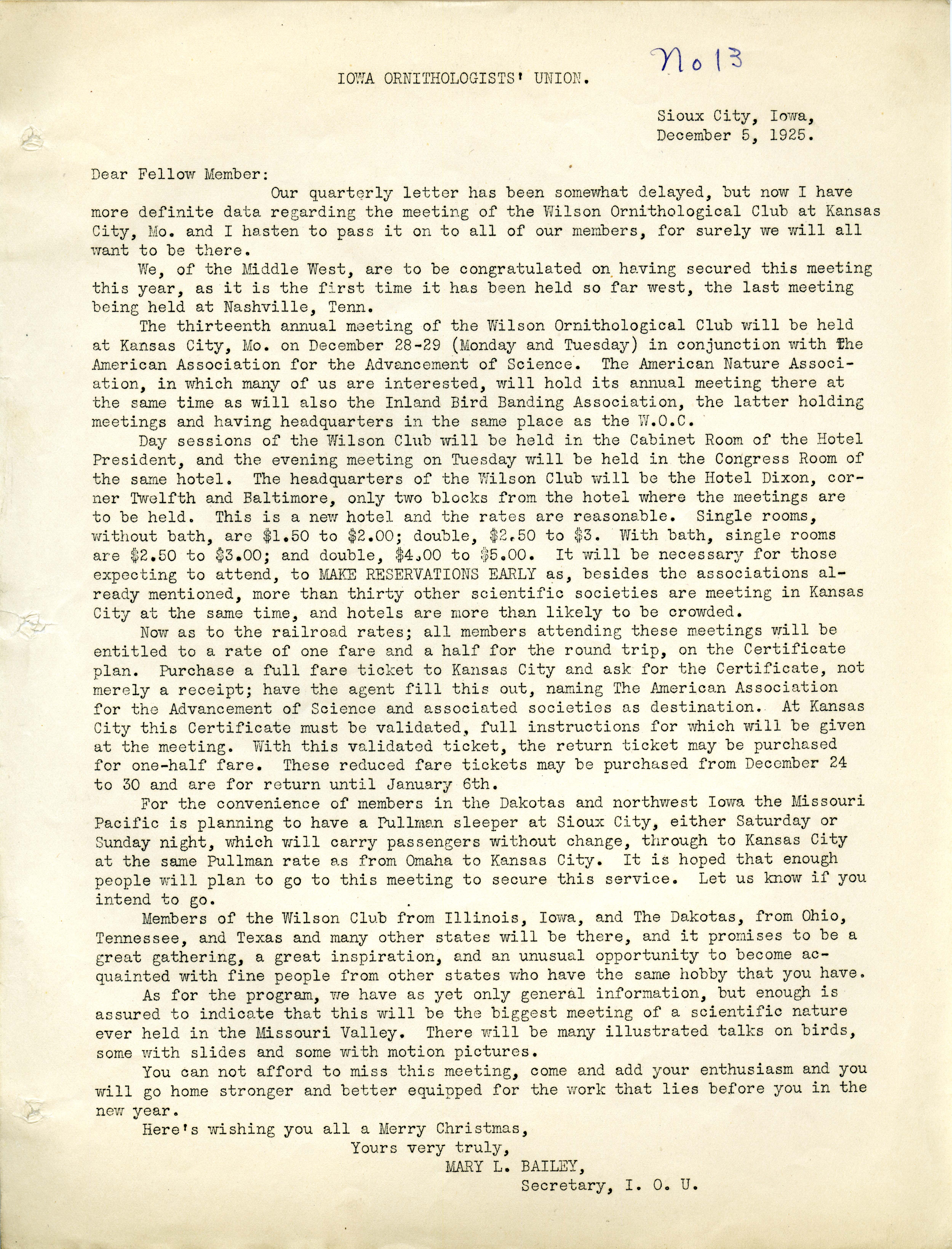 Letter to members of the Iowa Ornithologists' Union regarding the annual meeting of the Wilson Ornithological Club, December 5, 1925
