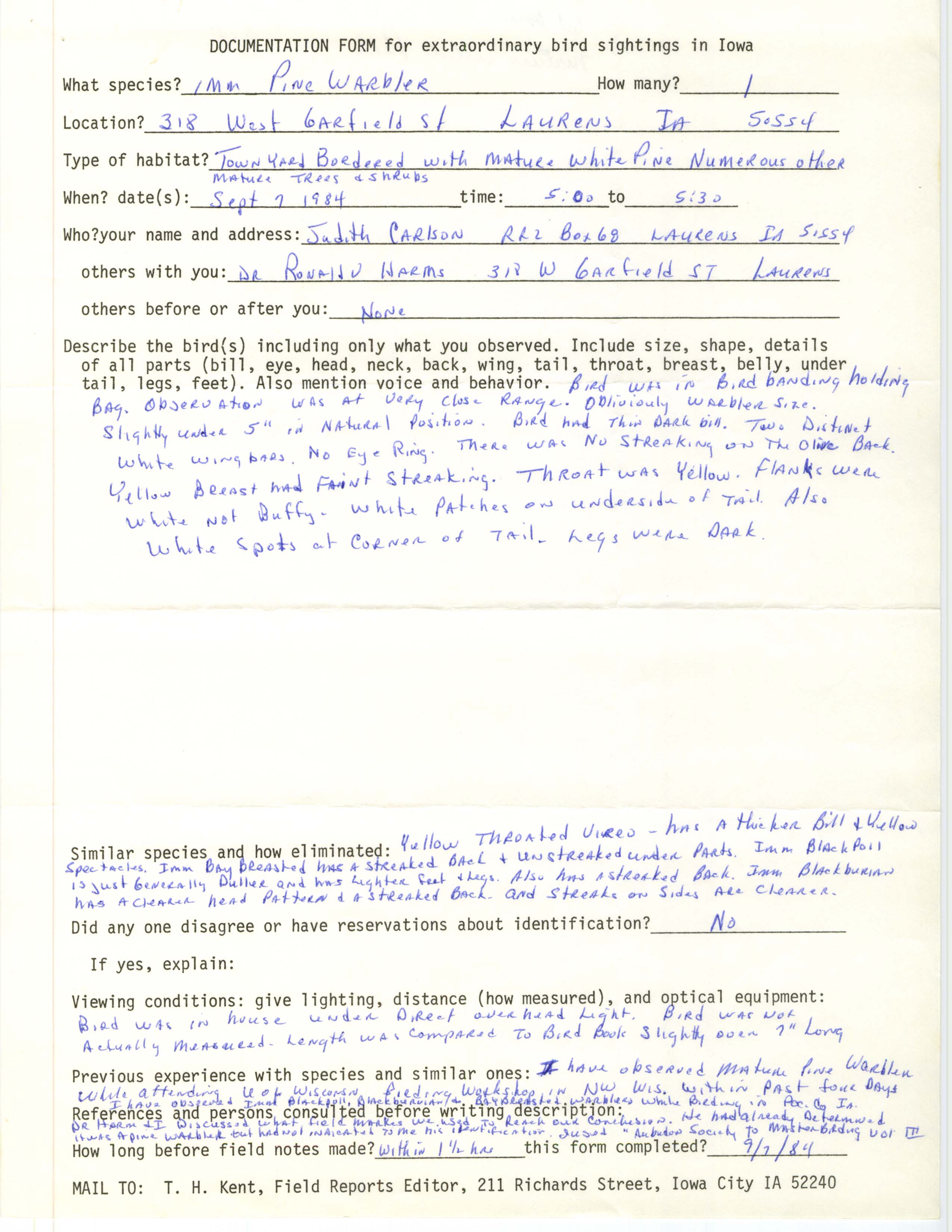 Rare bird documentation form for Pine Warbler at Laurens in 1984