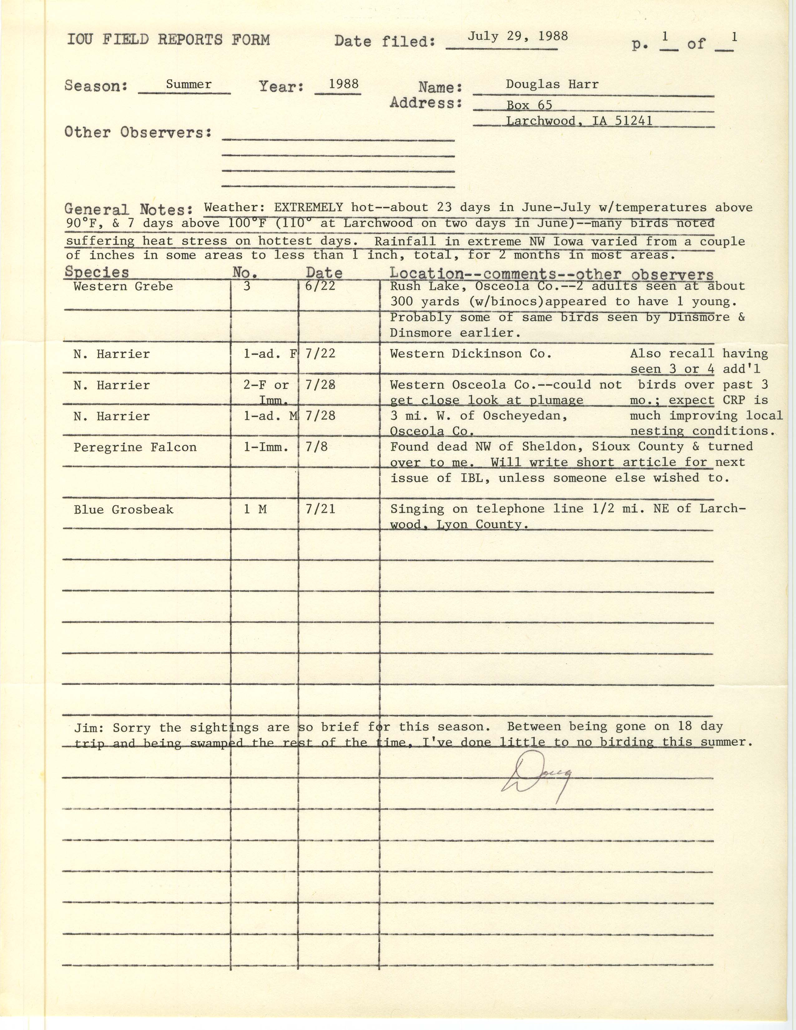 IOU field reports form, Douglas C. Harr, July 29, 1988