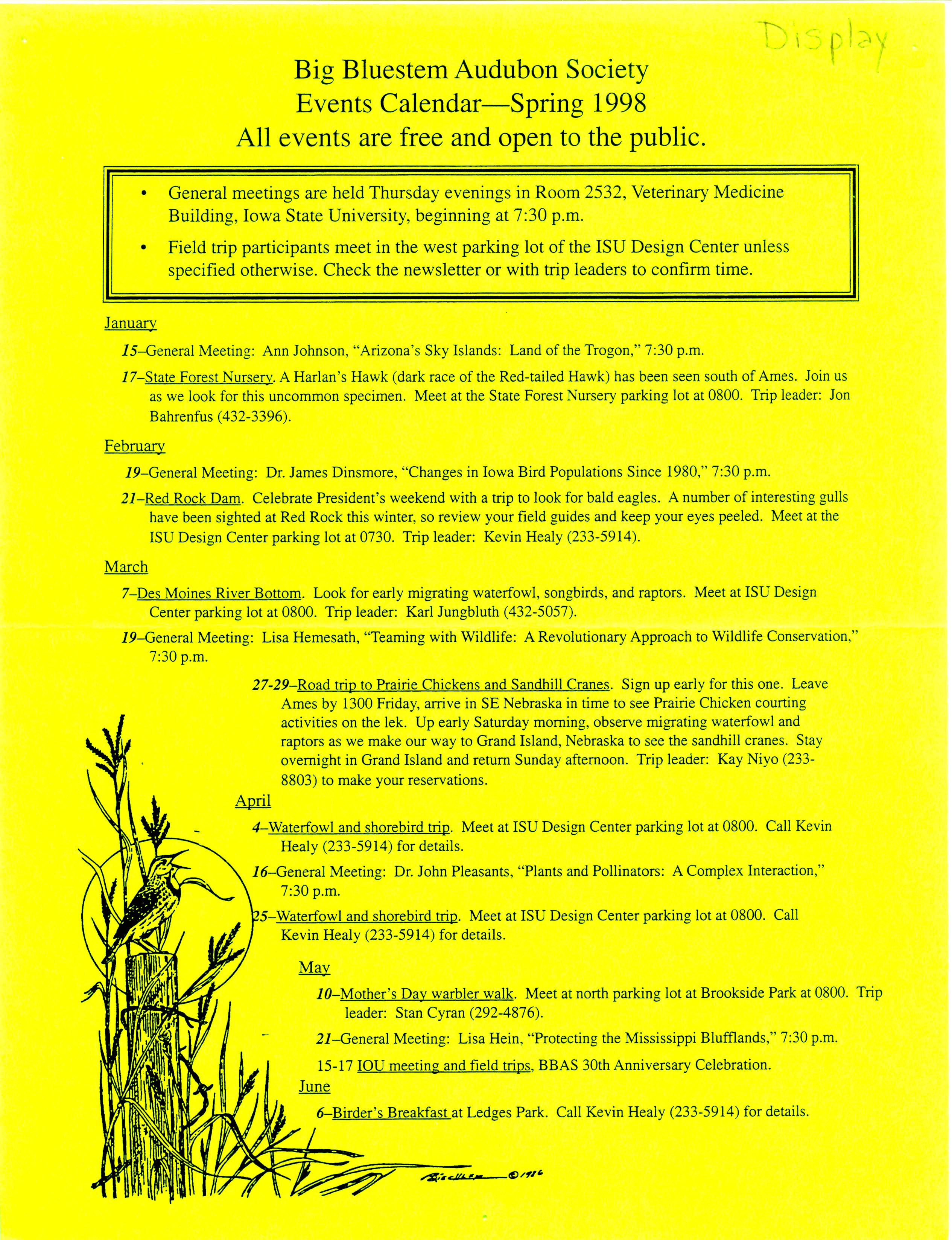 Big Bluestem Audubon Society Events Calendar, spring 1998