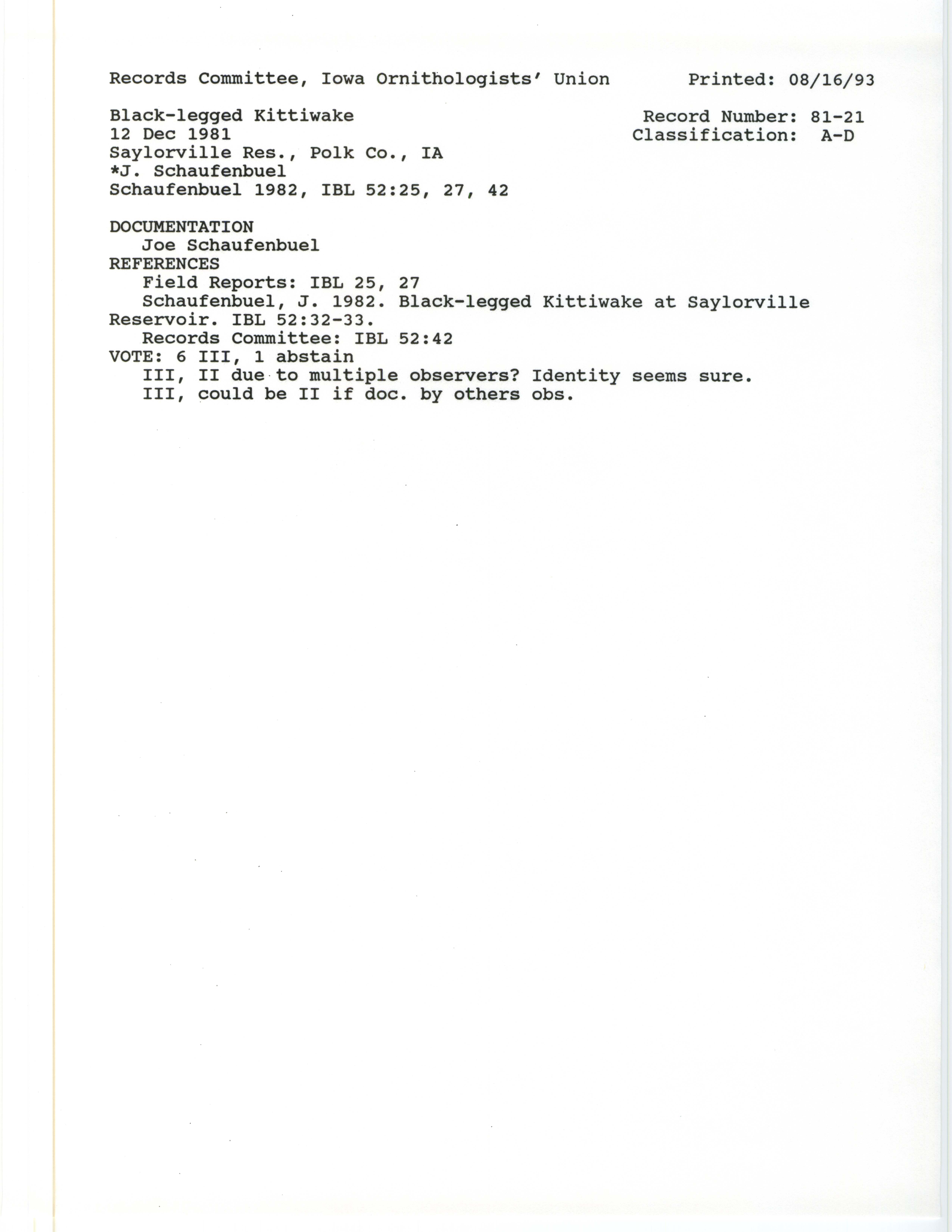 Records Committee review for rare bird sighting for Black-legged Kittiwake at Saylorville Dam, 1981