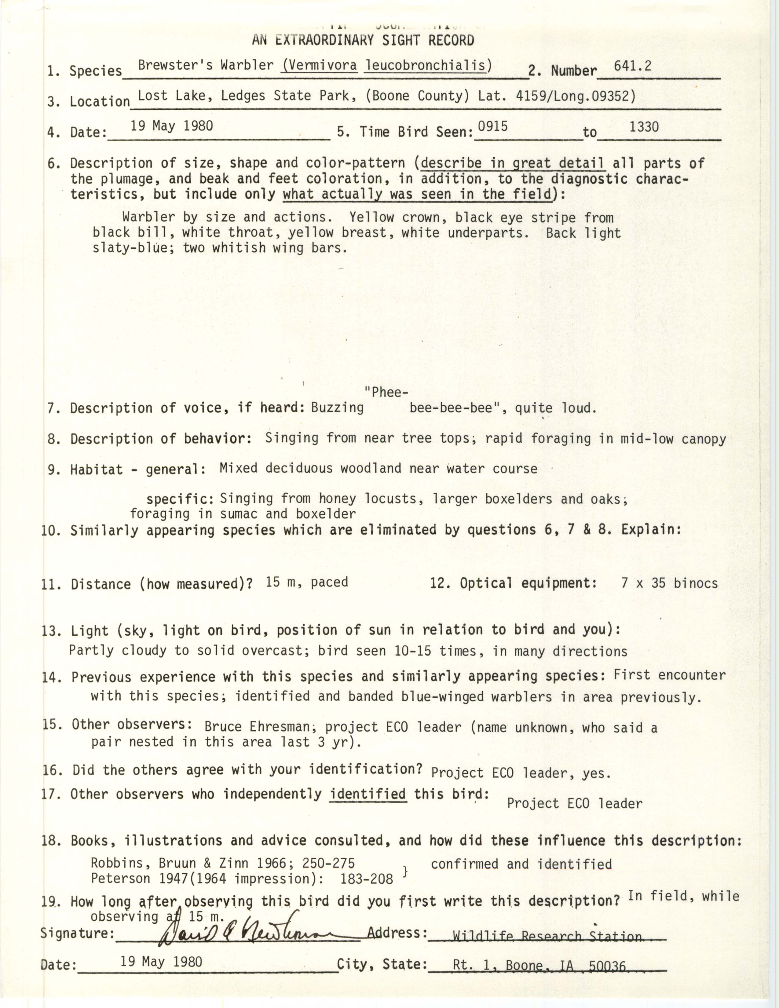 Rare bird documentation form for Brewster's Warbler at the Lost Lake in Ledges State Park, 1980