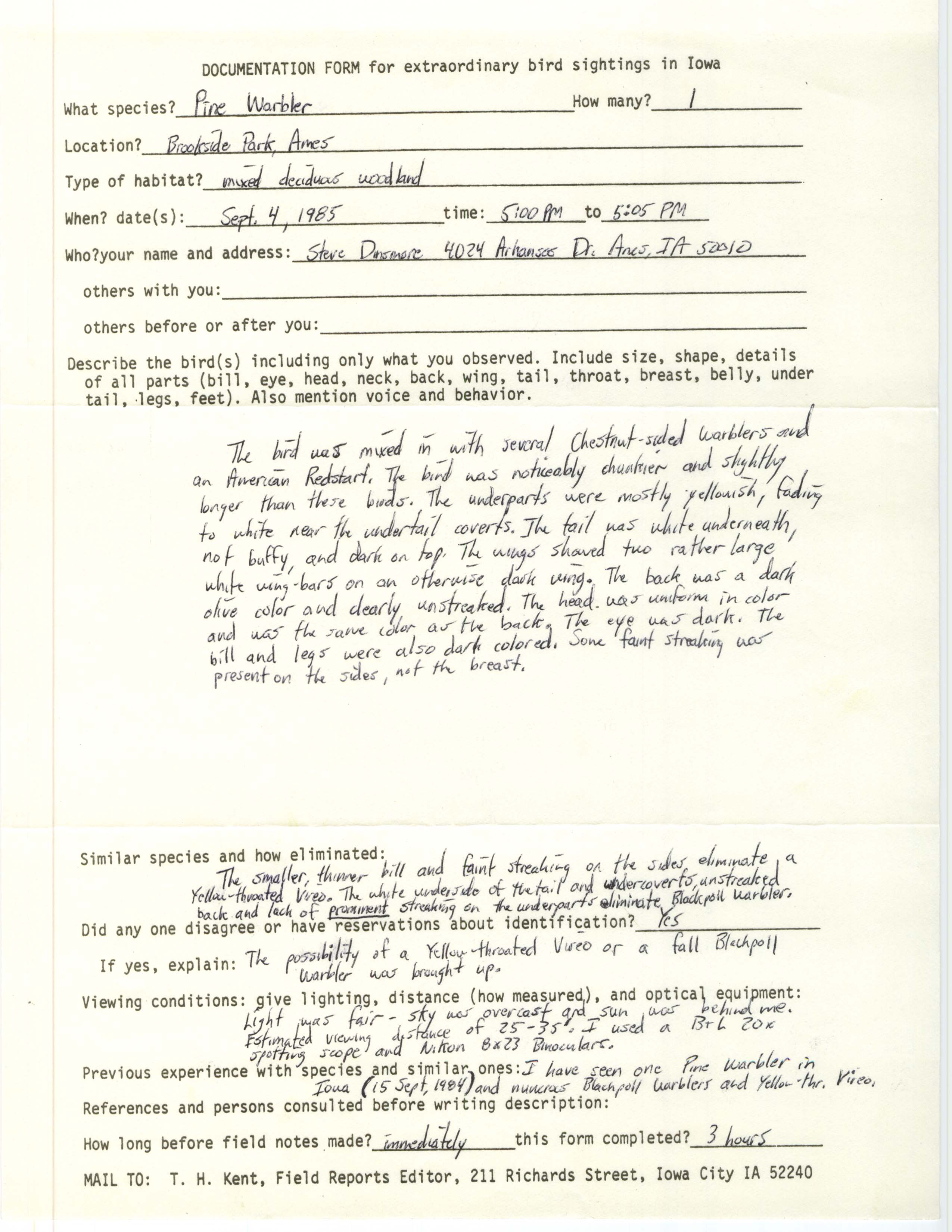 Rare bird documentation form for Pine Warbler at Brookside Park in Ames, 1985
