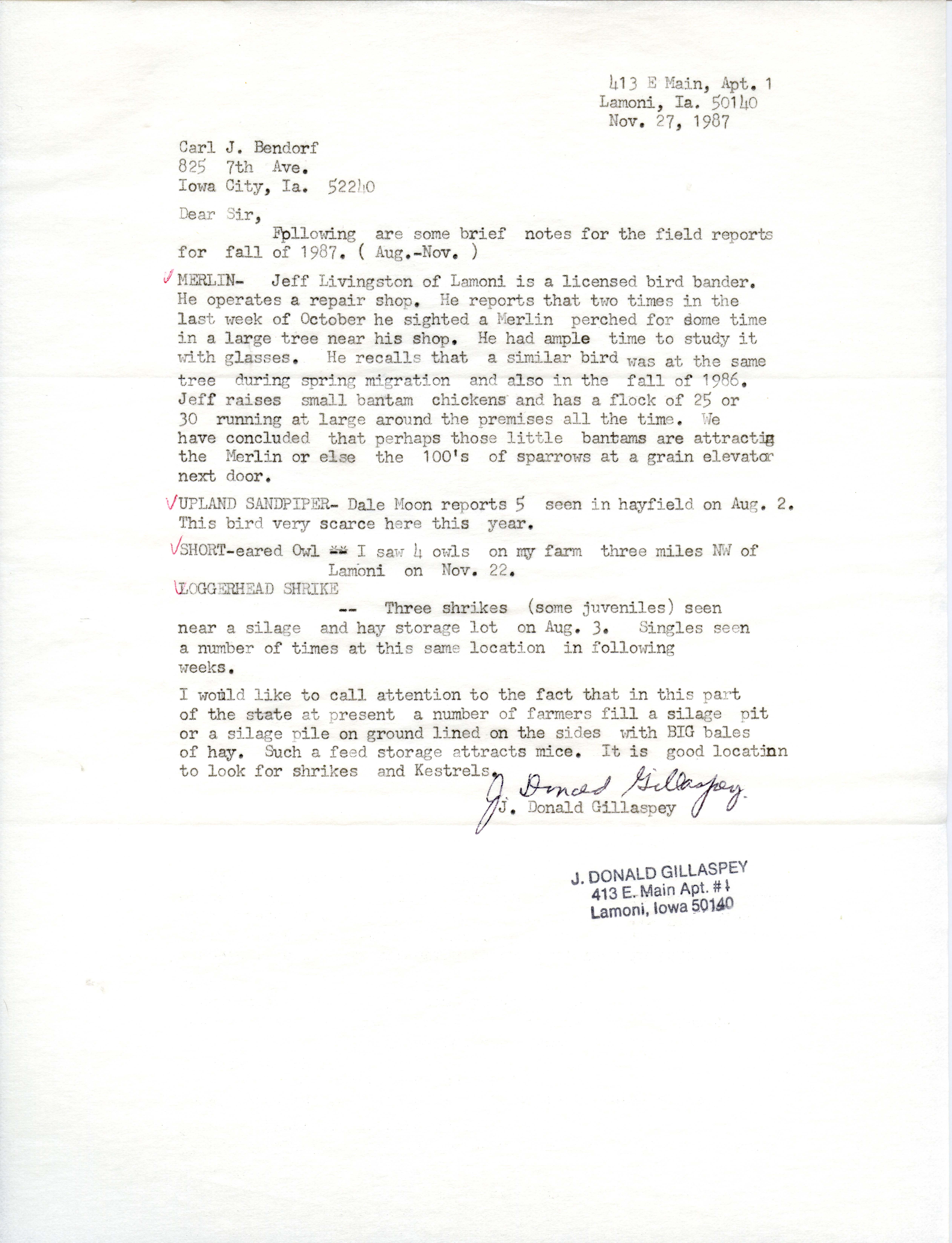 J. Donald Gillaspey letter to Carl J. Bendorf regarding fall bird sightings, November 27, 1987