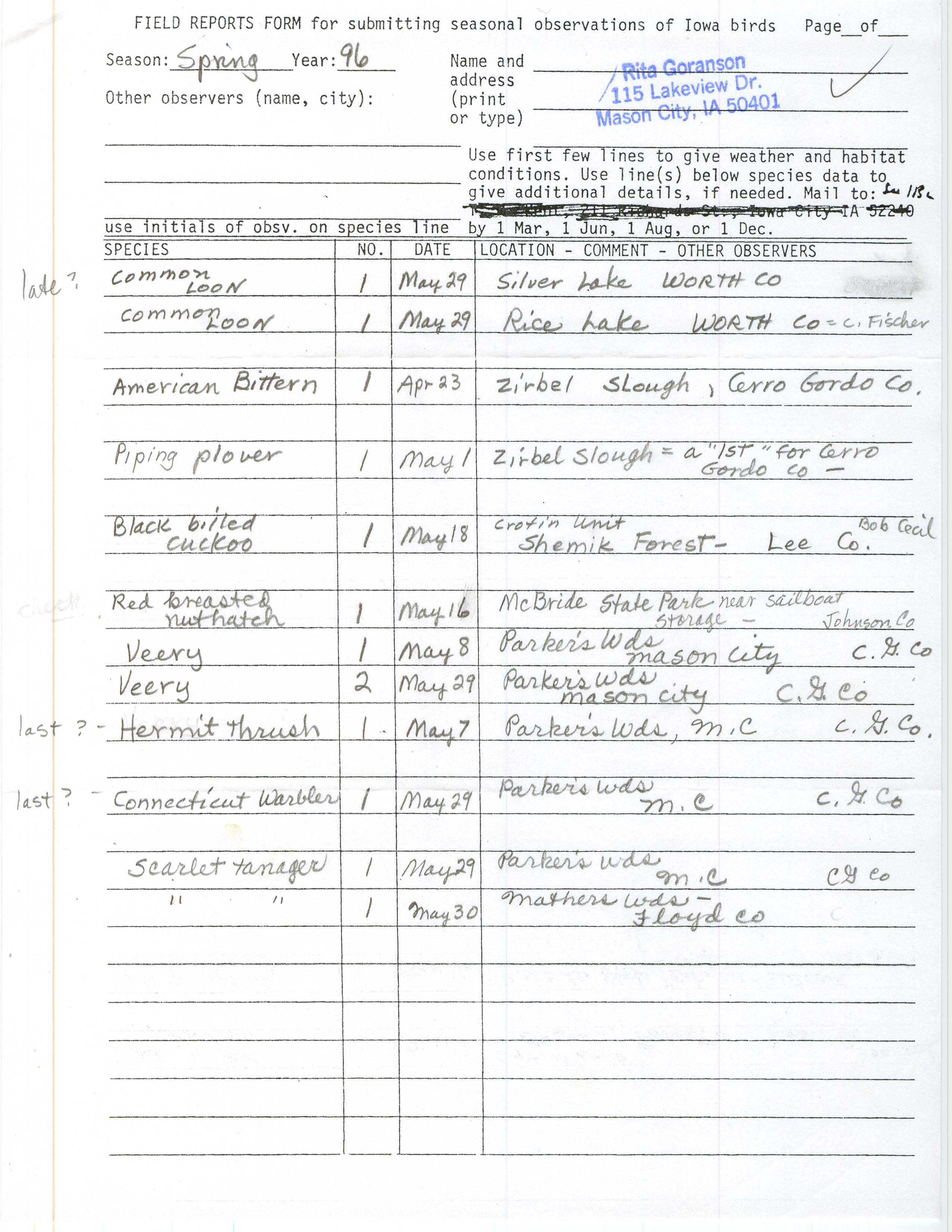 Field reports form for submitting seasonal observations of Iowa birds, Rita Goranson, spring 1996