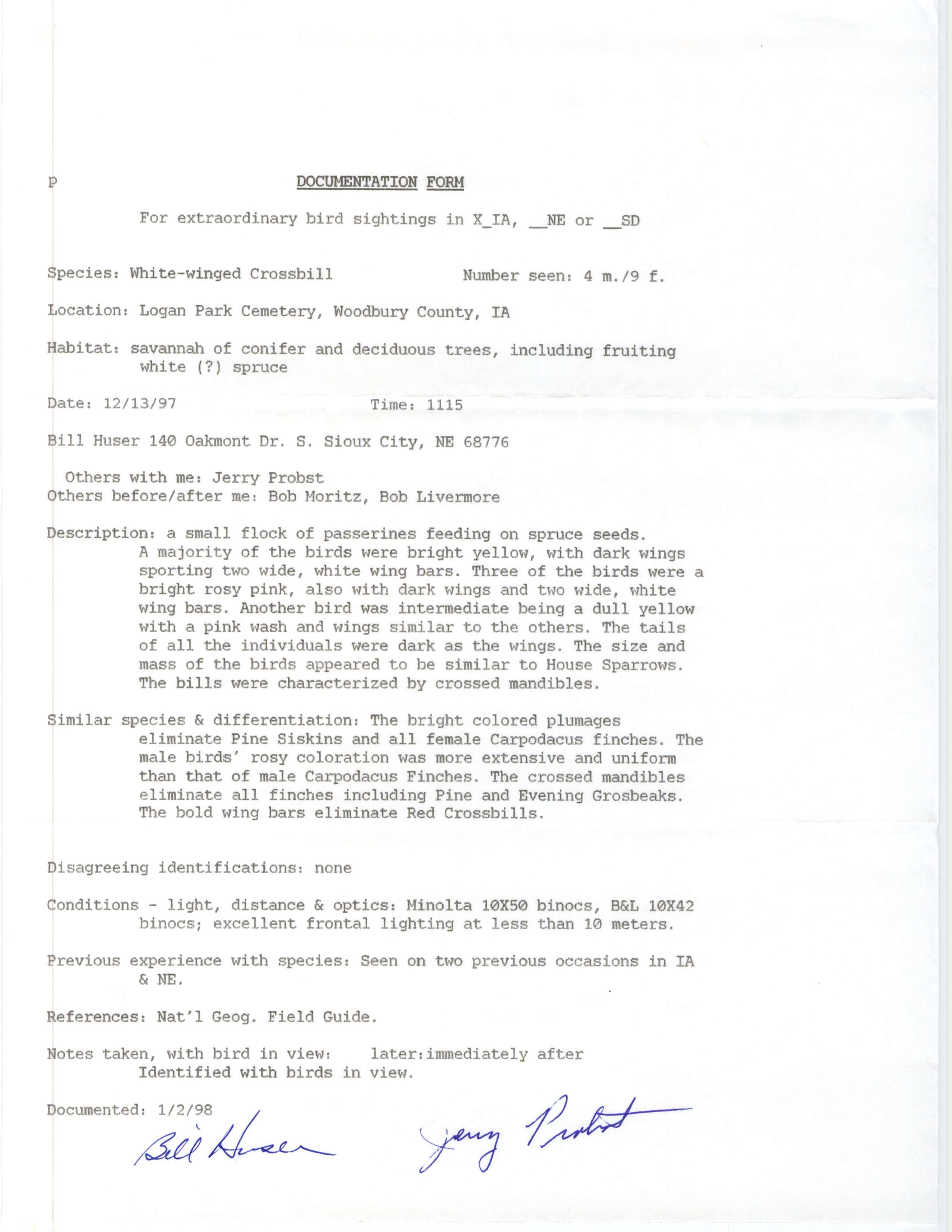Rare bird documentation form for White-winged Crossbill at Logan Park Cemetery in Woodbury County, 1997