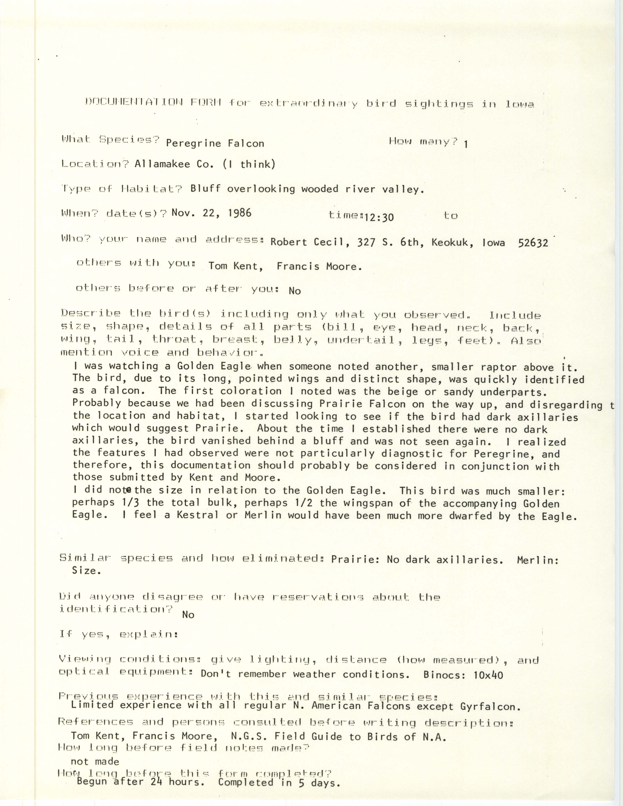 Rare bird documentation form for Peregrine Falcon at Allamakee County, 1986