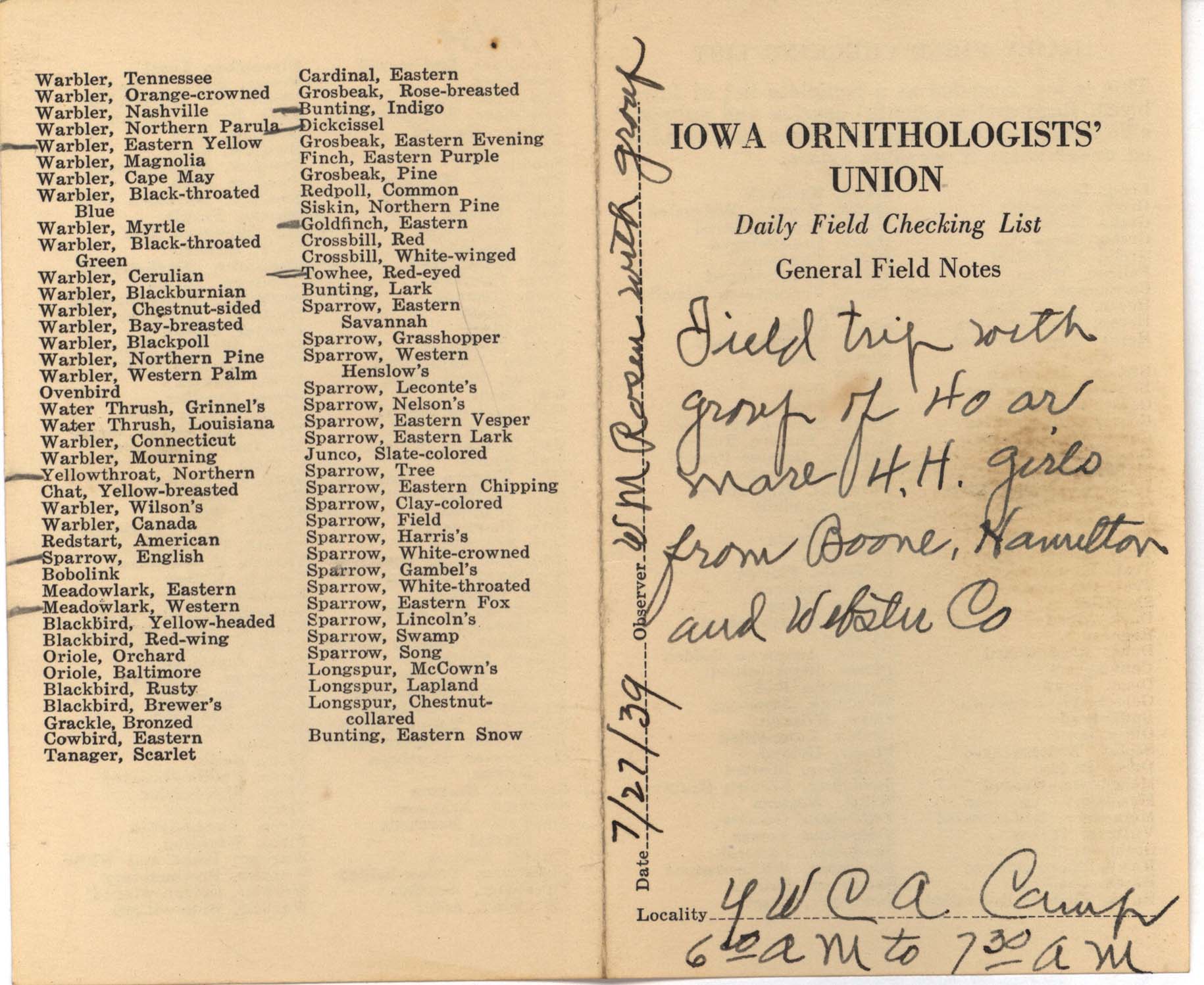 Daily field checking list by Walter Rosene, July 27, 1939