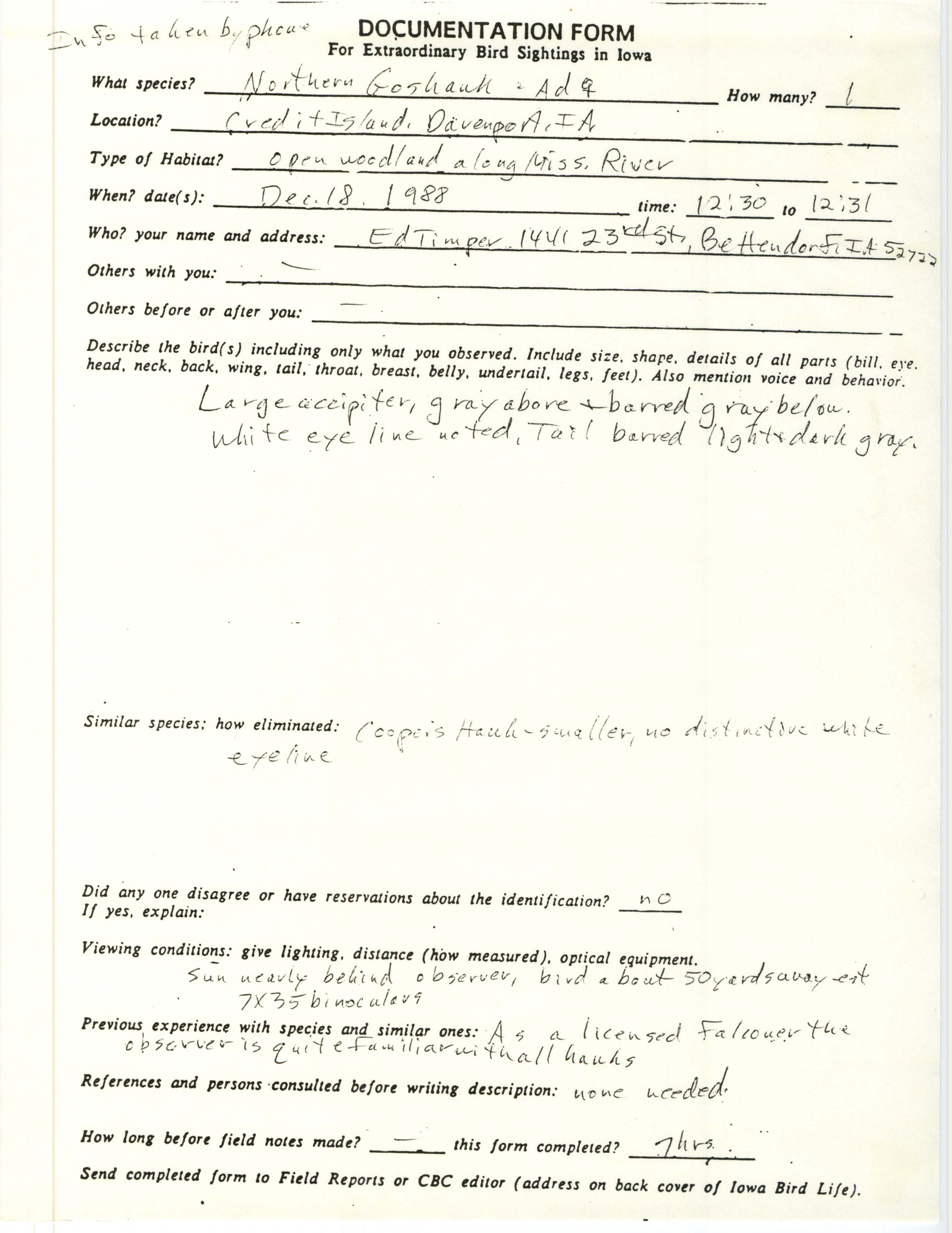 Rare bird documentation form for Northern Goshawk at Credit Island, 1988