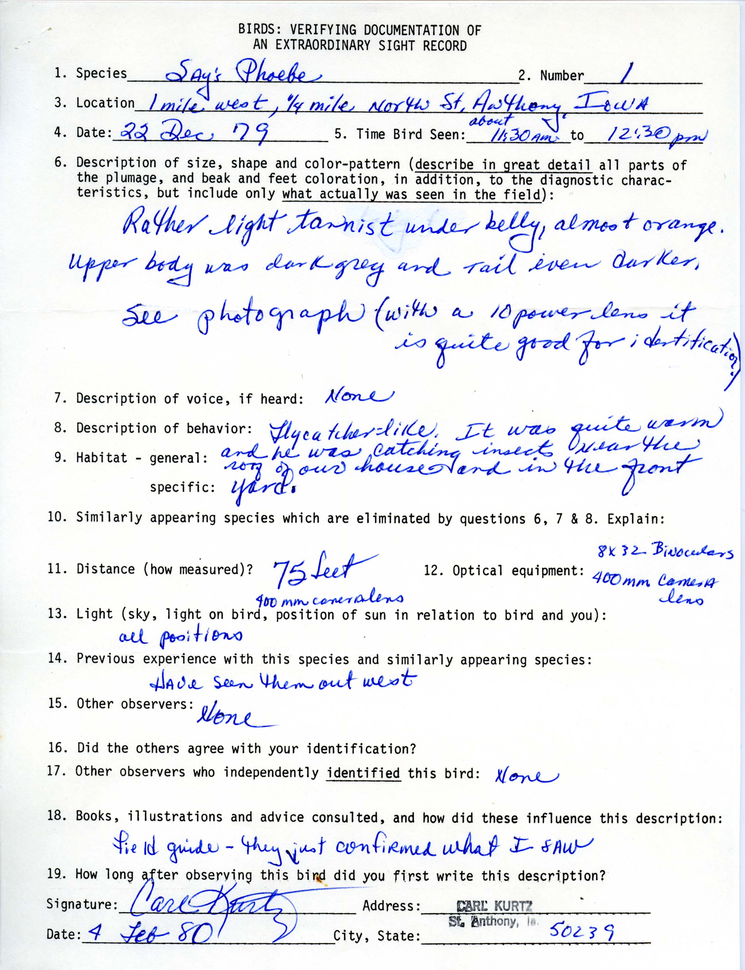 Rare bird documentation form for Say's Phoebe west and north of St. Anthony, 1979